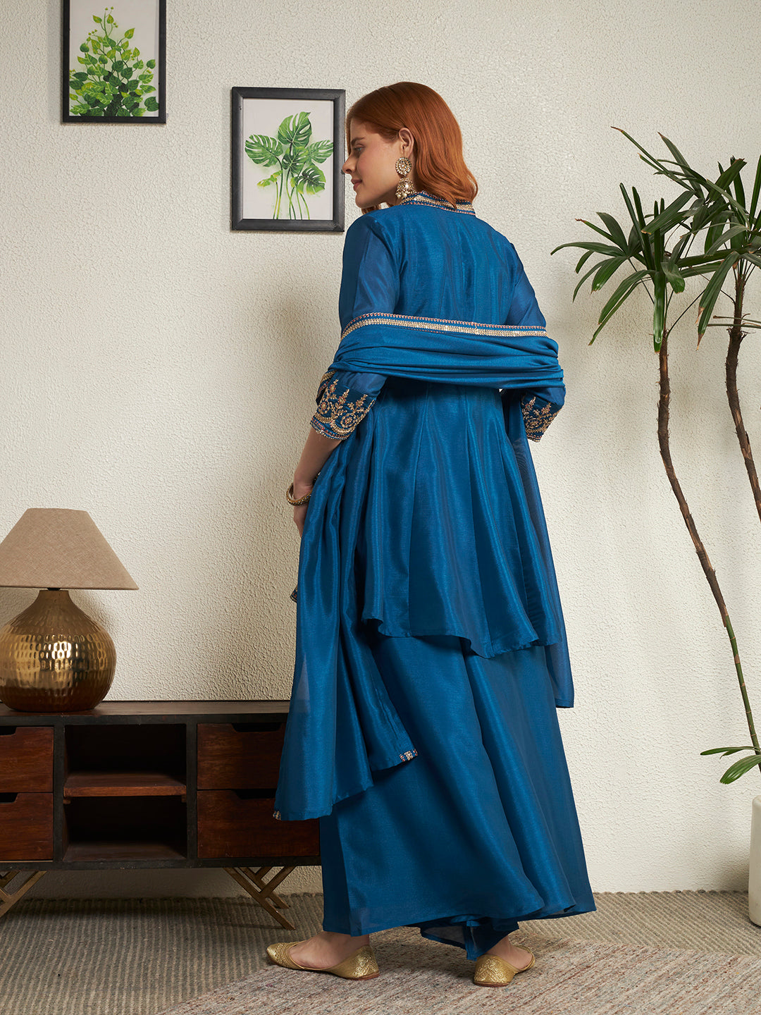 Women Teal Blue Embroidered Kaftan Kurta with Palazzo & Dupatta Set