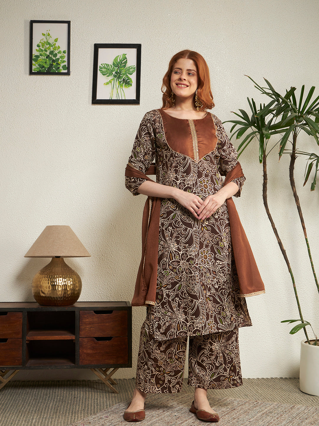 Women's Brown Floral Printed Round Neck Yoke Printed Kurta Palazzo with Dupatta Set