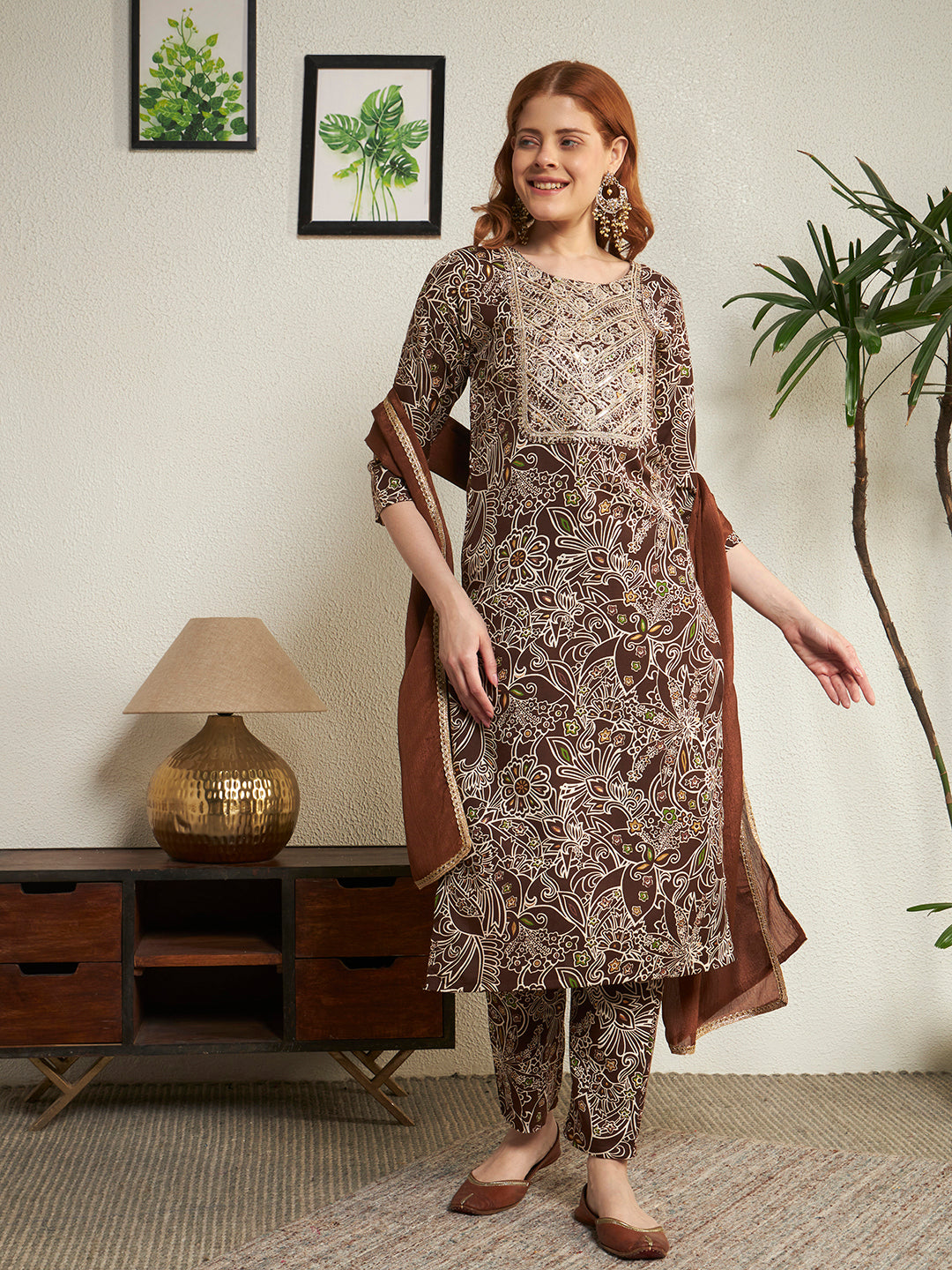 Women's Brown Embroidered Yoke Neck Floral Printed Kurta Pant with Dupatta Set Straight Fit Ethnic Suit Set for Festive, Party & Office Wear