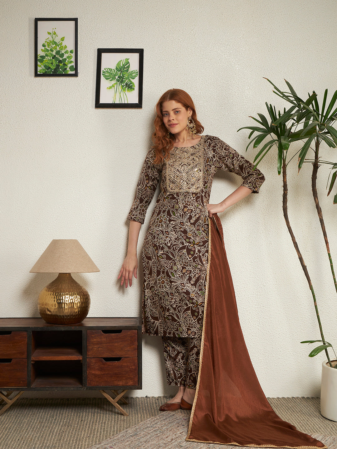 Women's Brown Embroidered Yoke Neck Floral Printed Kurta Pant with Dupatta Set Straight Fit Ethnic Suit Set for Festive, Party & Office Wear