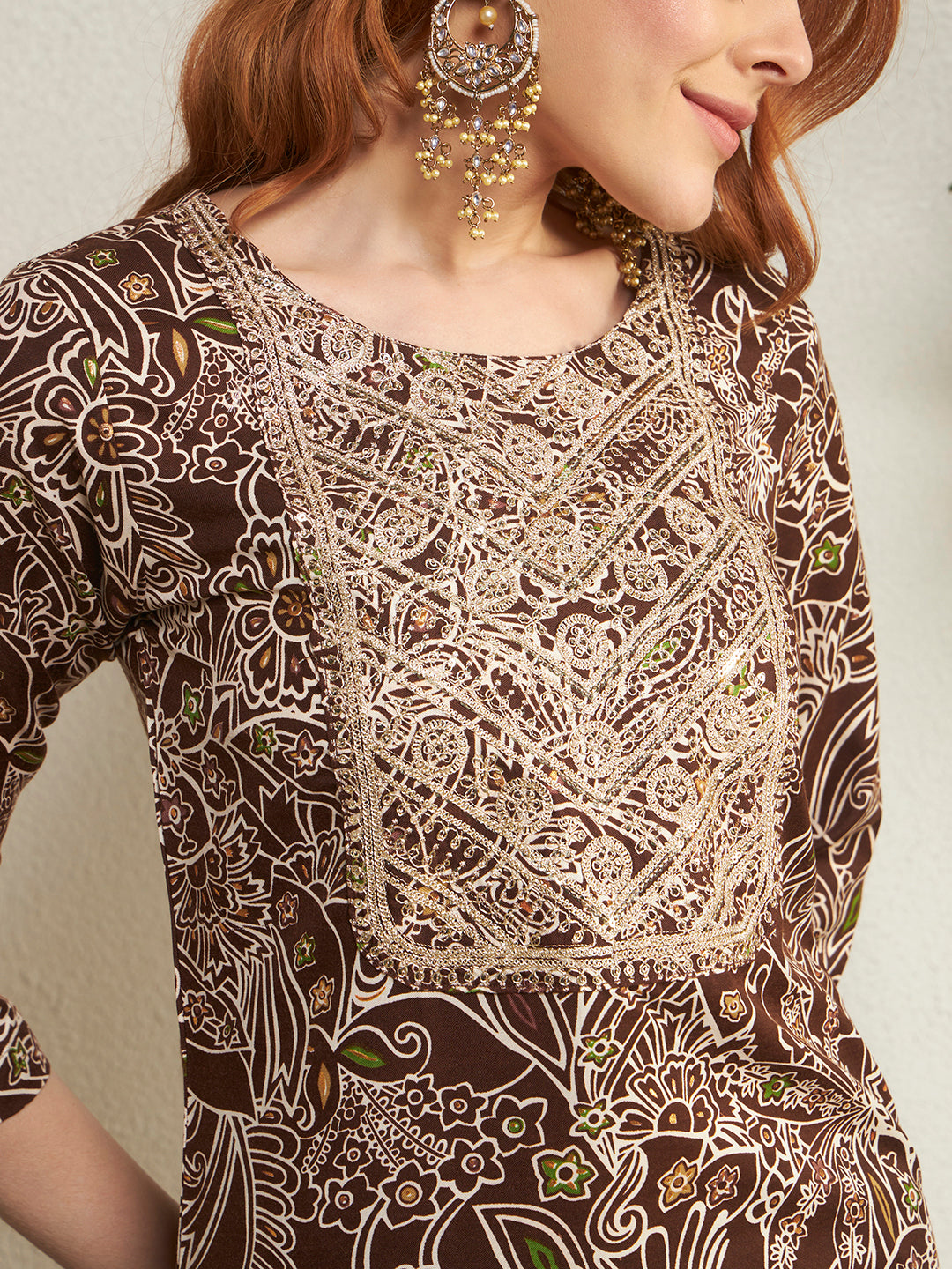 Women's Brown Embroidered Yoke Neck Floral Printed Kurta Pant with Dupatta Set Straight Fit Ethnic Suit Set for Festive, Party & Office Wear