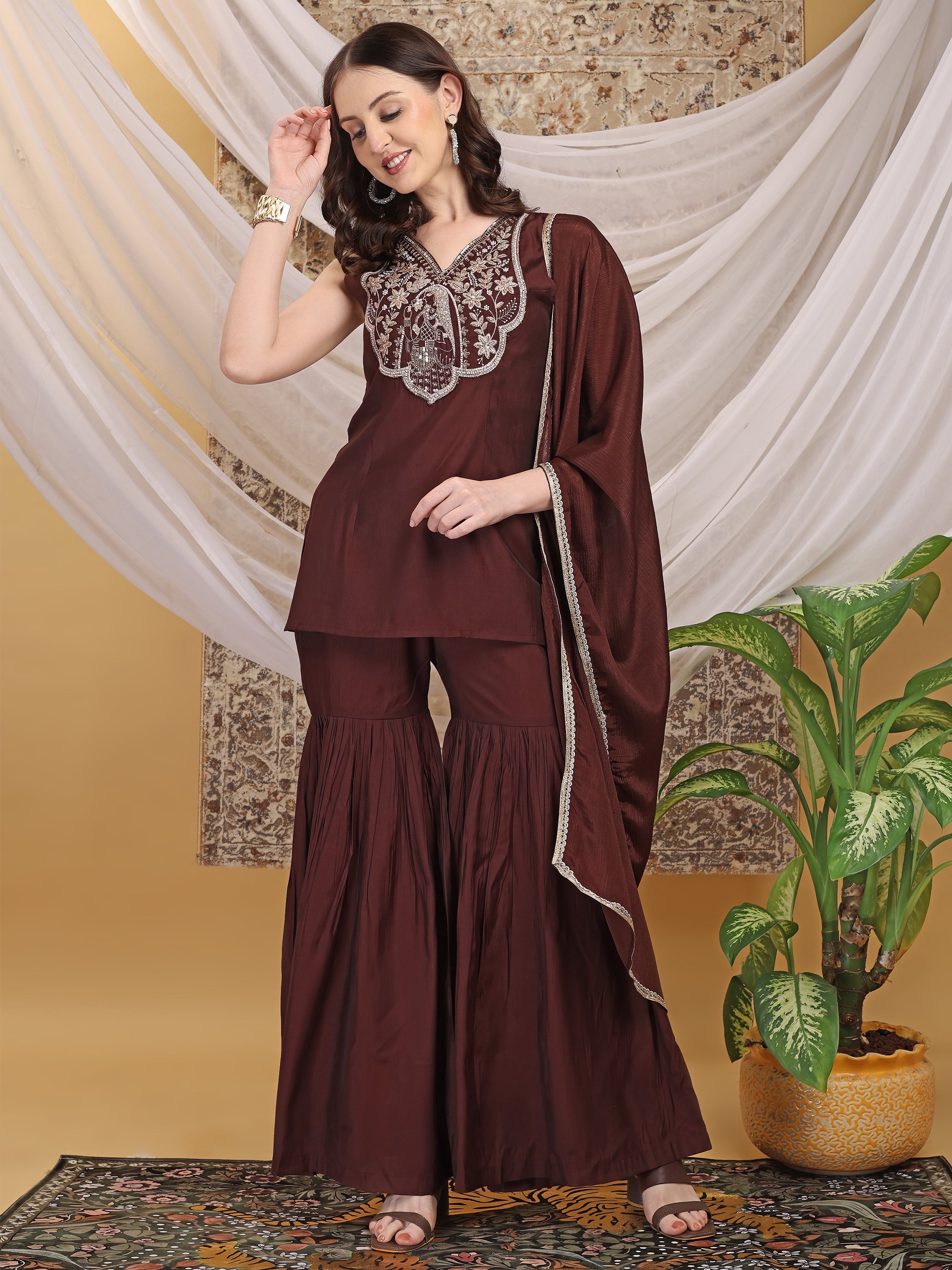 Women's  V-Neck Chocolate Brown Hand Work Sleeveless Top Sharara with Dupatta Set For Festive, Wedding & Party Wear
