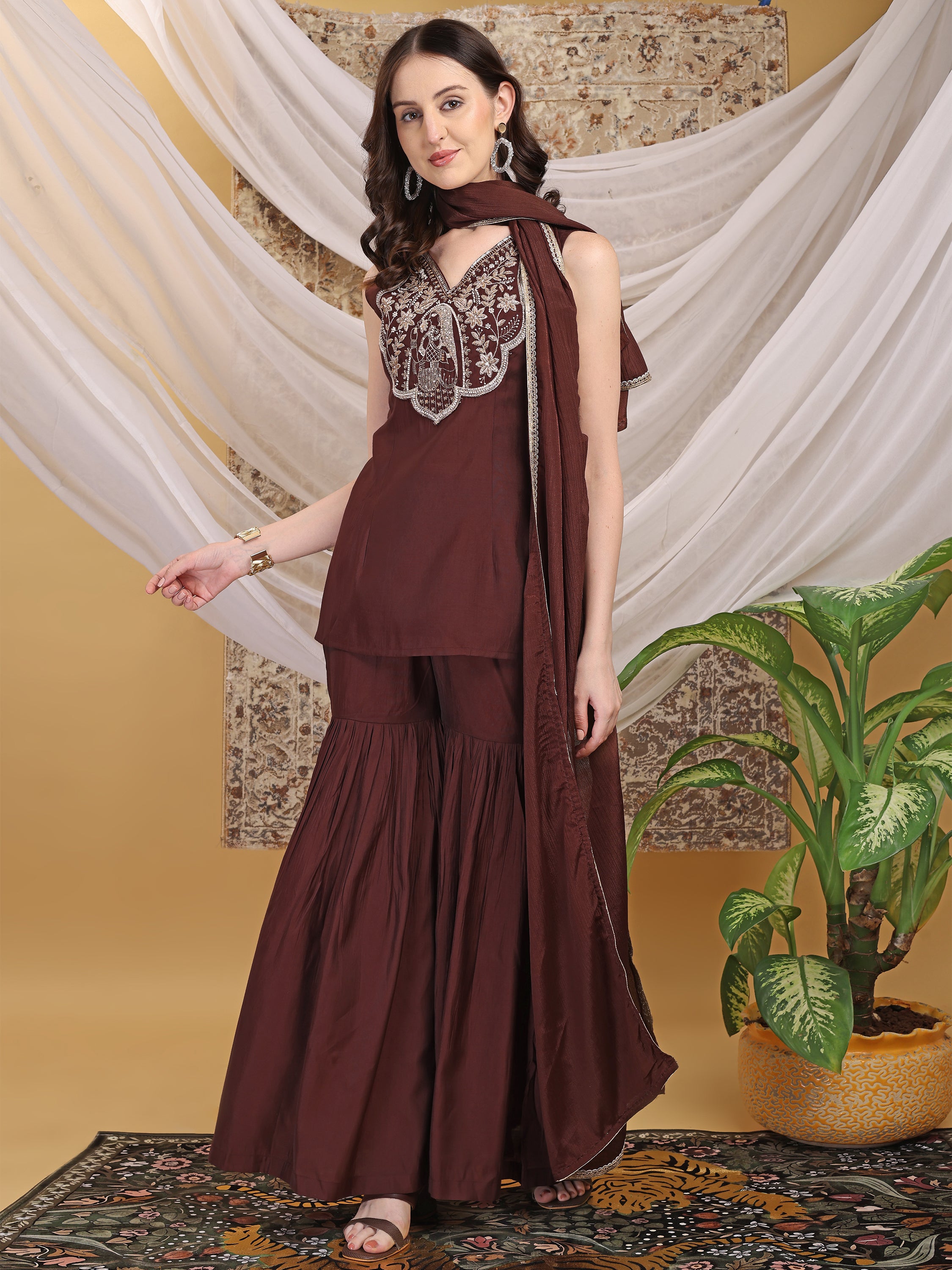 Women's  V-Neck Chocolate Brown Hand Work Sleeveless Top Sharara with Dupatta Set For Festive, Wedding & Party Wear