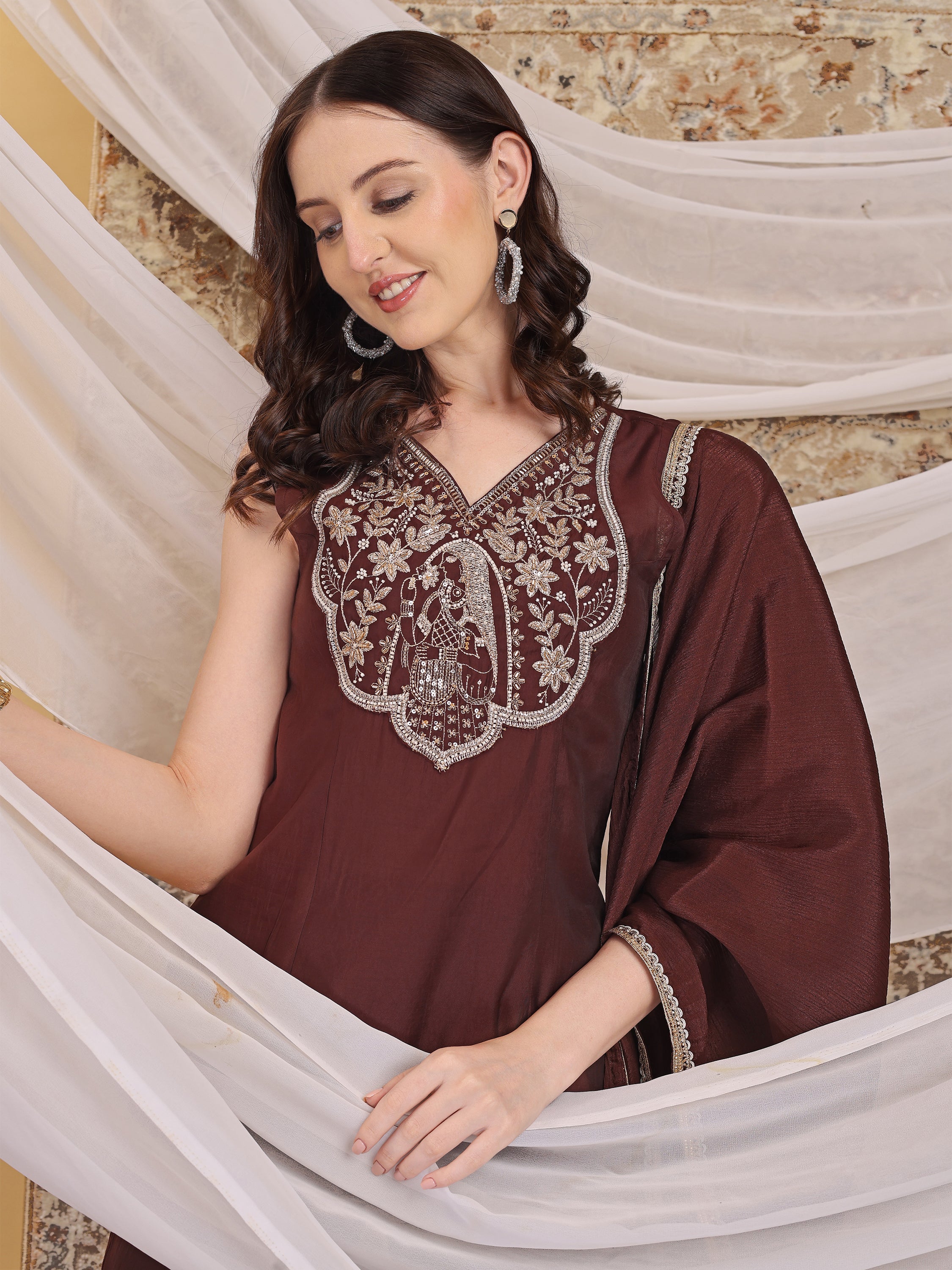 Women's  V-Neck Chocolate Brown Hand Work Sleeveless Top Sharara with Dupatta Set For Festive, Wedding & Party Wear