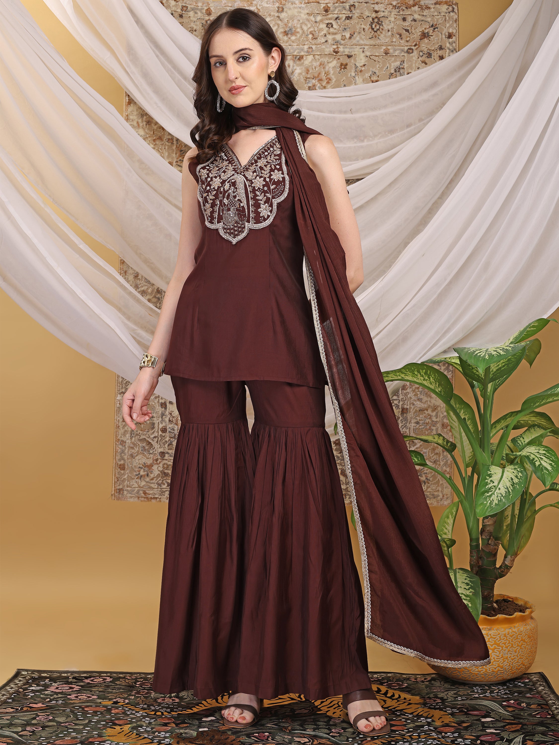 Women's  V-Neck Chocolate Brown Hand Work Sleeveless Top Sharara with Dupatta Set For Festive, Wedding & Party Wear