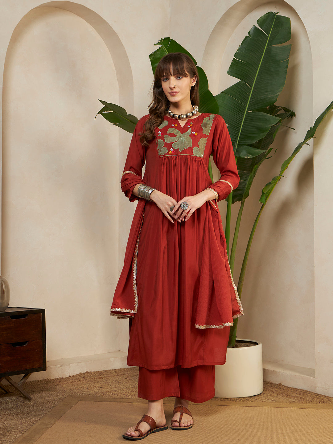 Women’s Rust Red Embroidered A-lineKurta Set with Dupatta & Pant