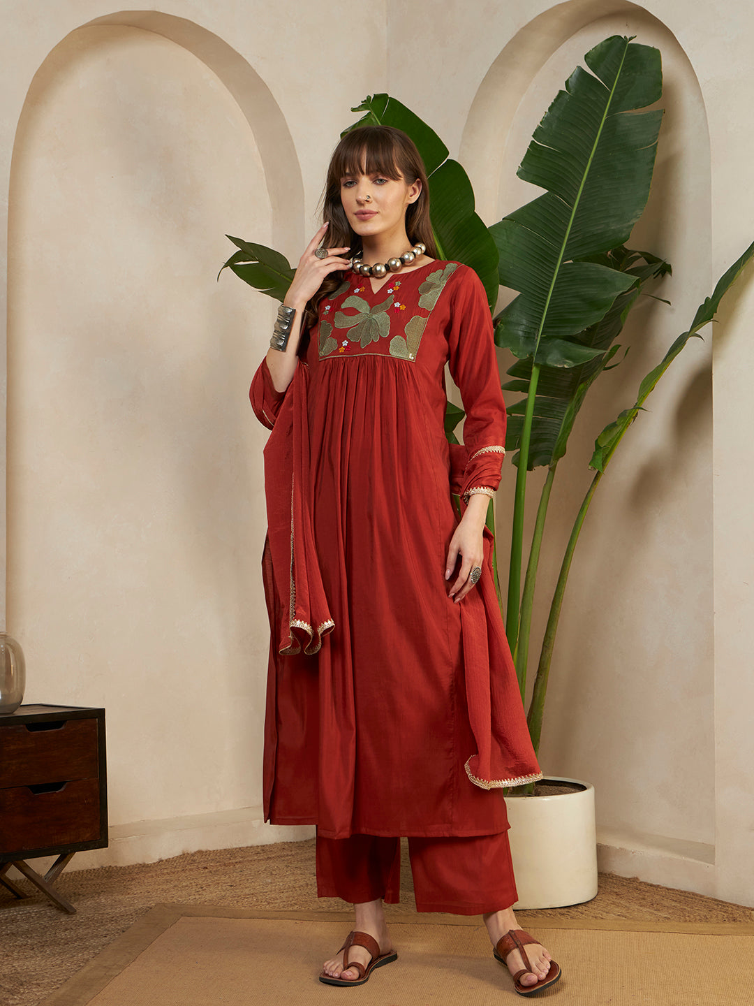 Women’s Rust Red Embroidered A-lineKurta Set with Dupatta & Pant