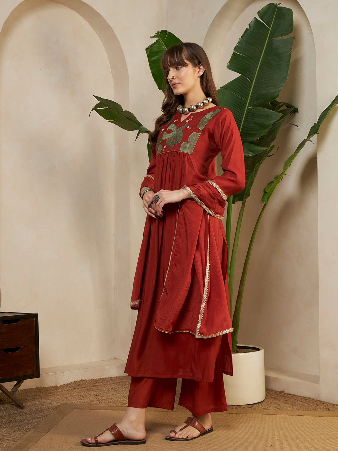 Women’s Rust Red Embroidered A-lineKurta Set with Dupatta & Pant