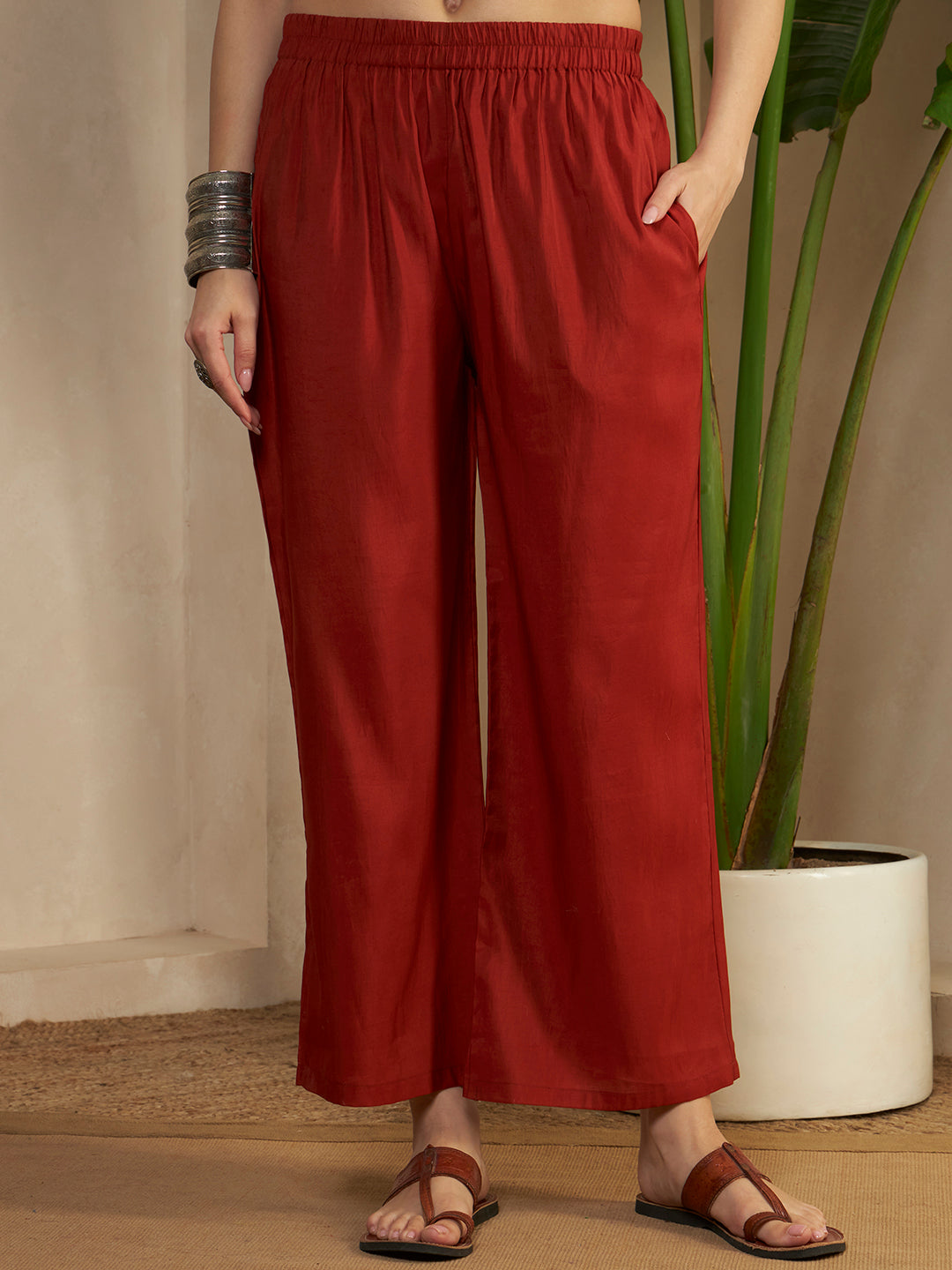Women’s Rust Red Embroidered A-lineKurta Set with Dupatta & Pant