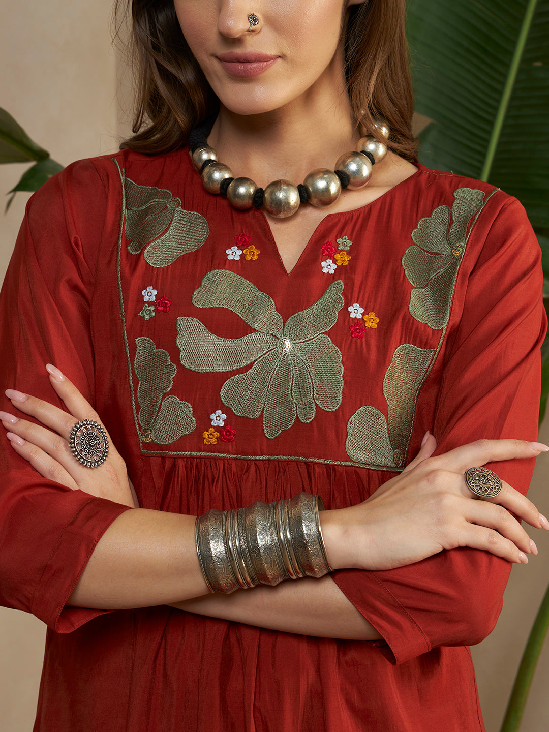 Women’s Rust Red Embroidered A-lineKurta Set with Dupatta & Pant
