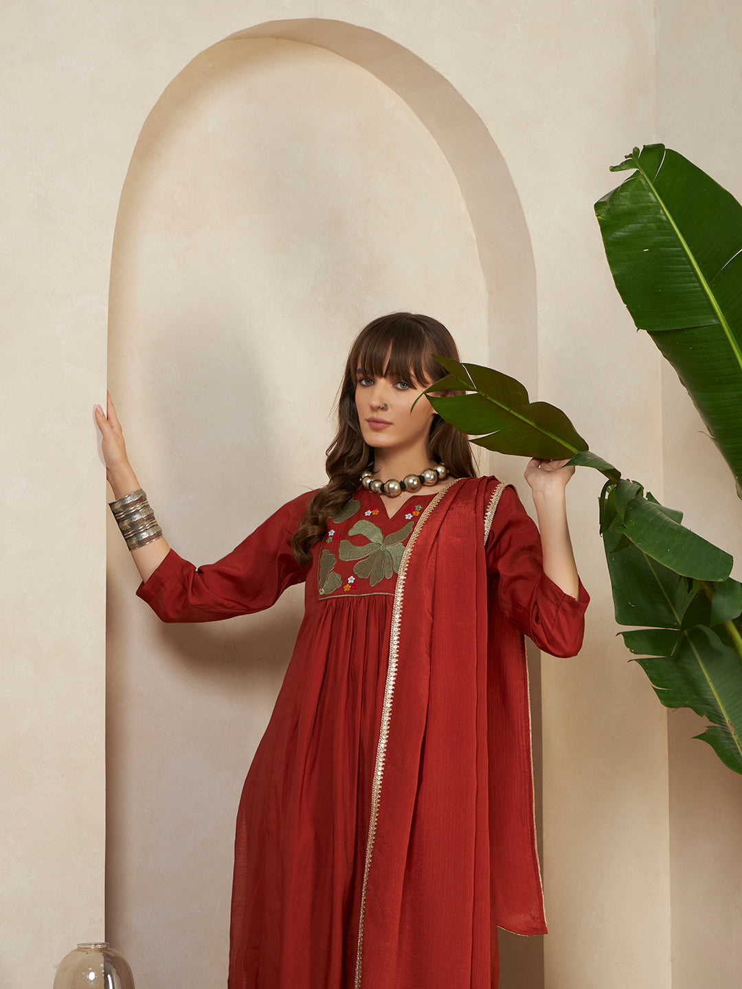 Women’s Rust Red Embroidered A-lineKurta Set with Dupatta & Pant