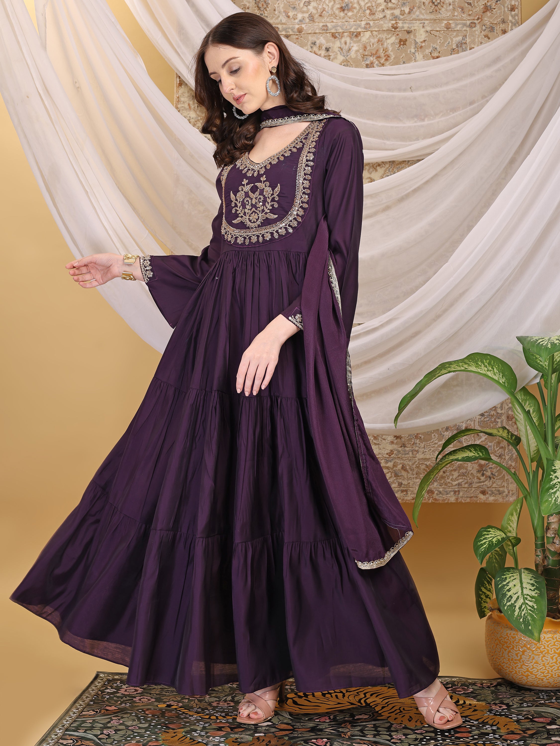 Women's Purple Round Neck Hand Work Tiered Anarkali Gown Dress Flared Ethnic Gown for Festive, Wedding & Party Wear