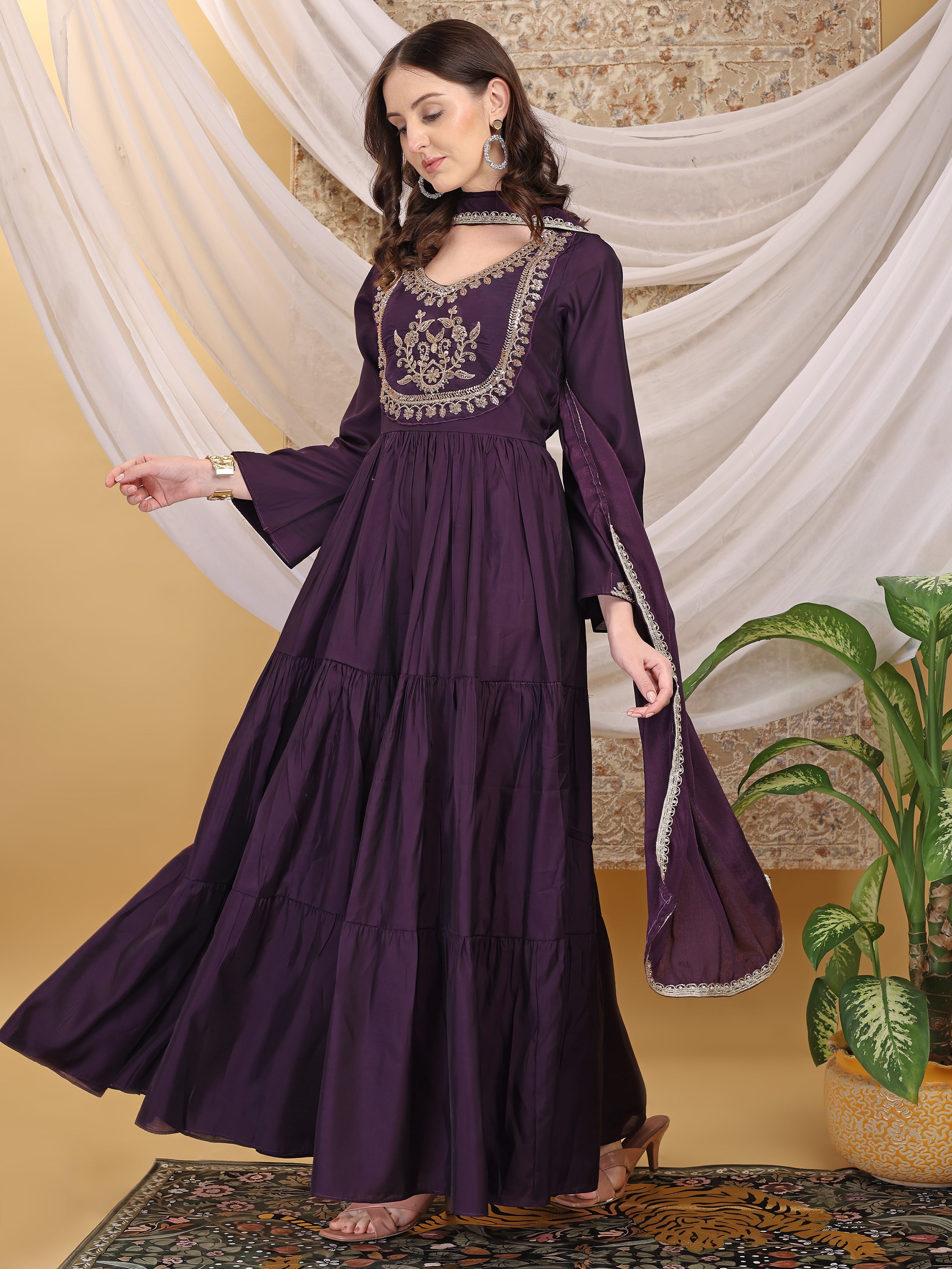Women's Purple Round Neck Hand Work Tiered Anarkali Gown Dress Flared Ethnic Gown for Festive, Wedding & Party Wear