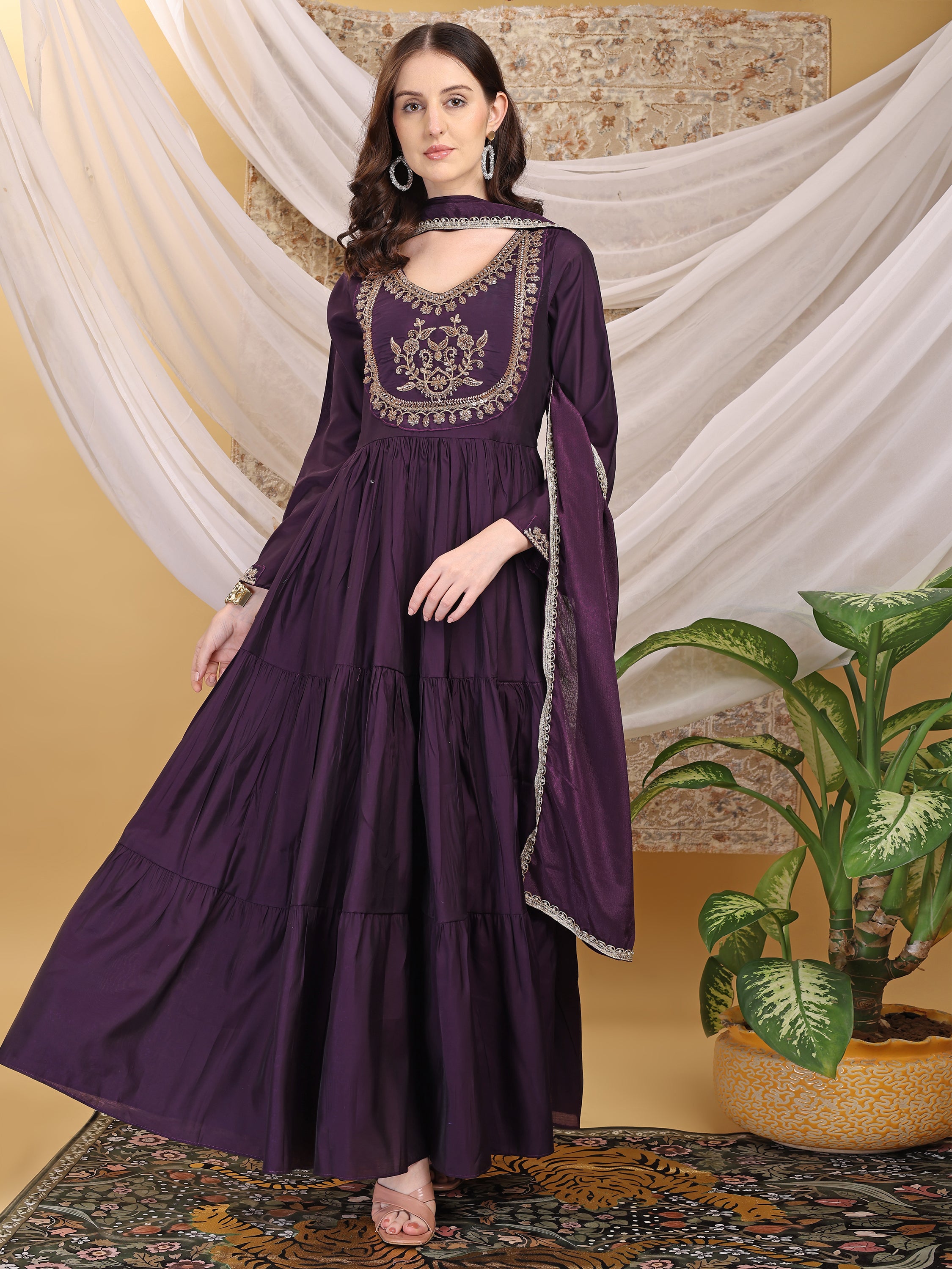 Women's Purple Round Neck Hand Work Tiered Anarkali Gown Dress Flared Ethnic Gown for Festive, Wedding & Party Wear