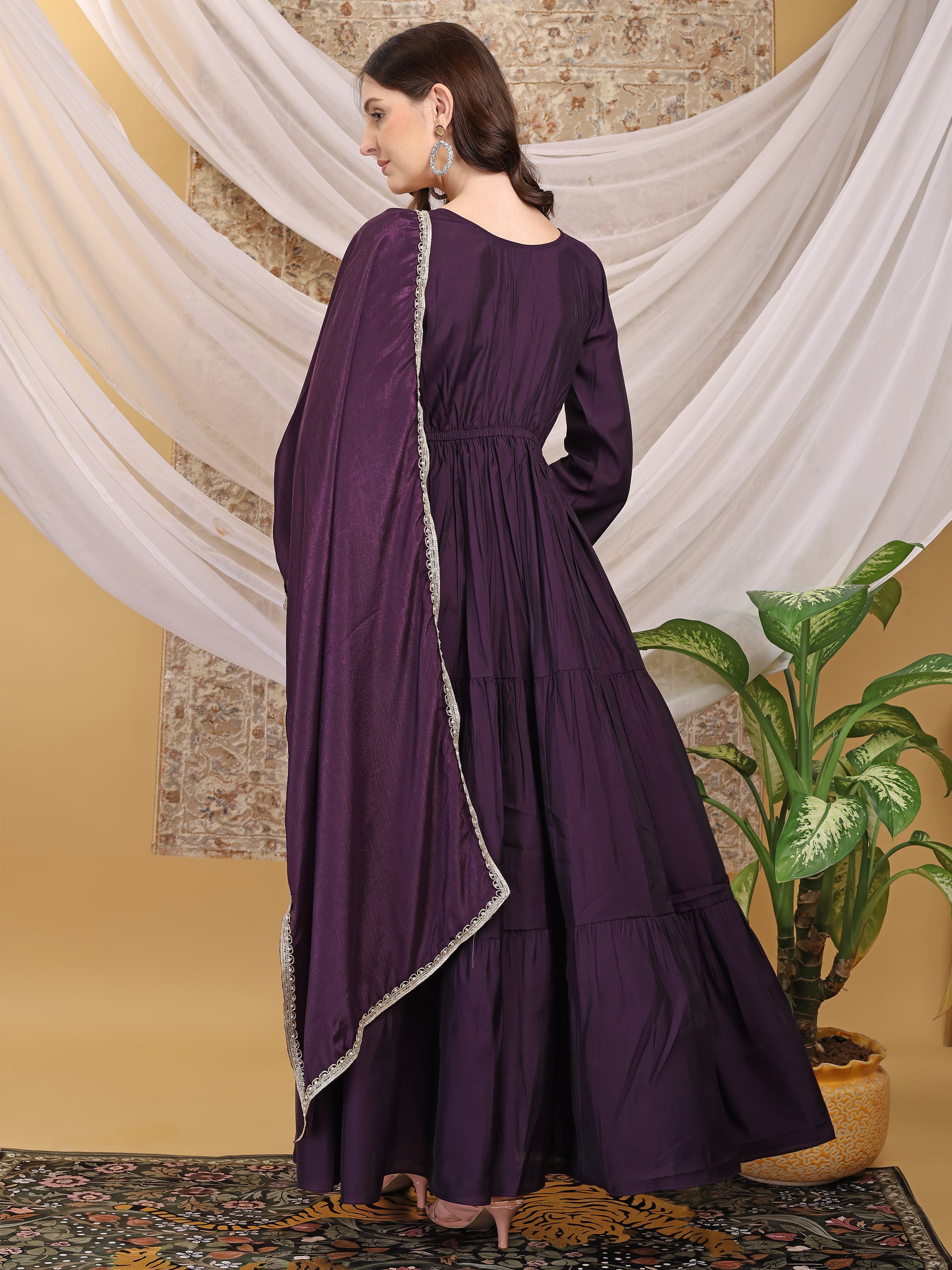 Women's Purple Round Neck Hand Work Tiered Anarkali Gown Dress Flared Ethnic Gown for Festive, Wedding & Party Wear