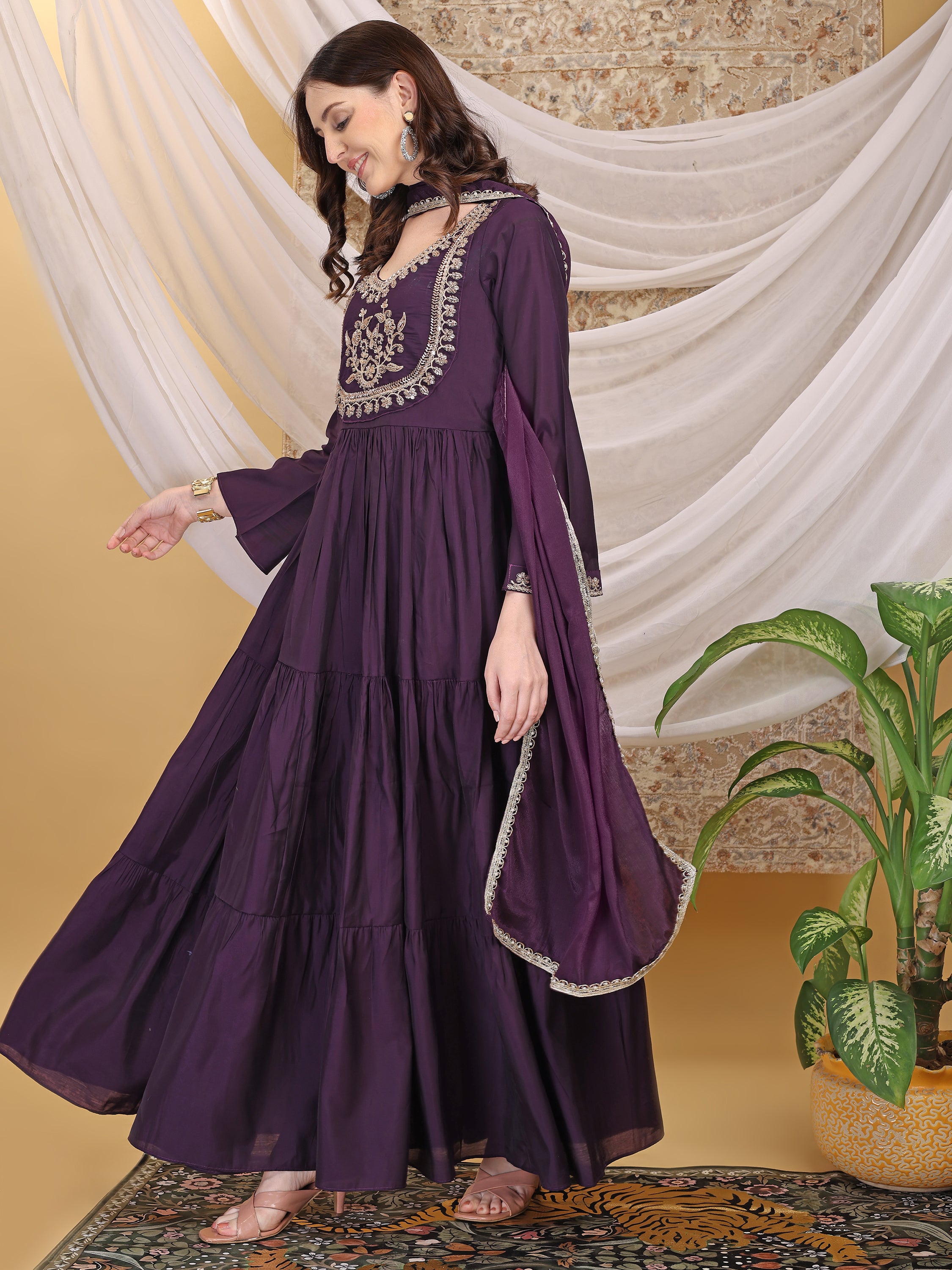 Women's Purple Round Neck Hand Work Tiered Anarkali Gown Dress Flared Ethnic Gown for Festive, Wedding & Party Wear