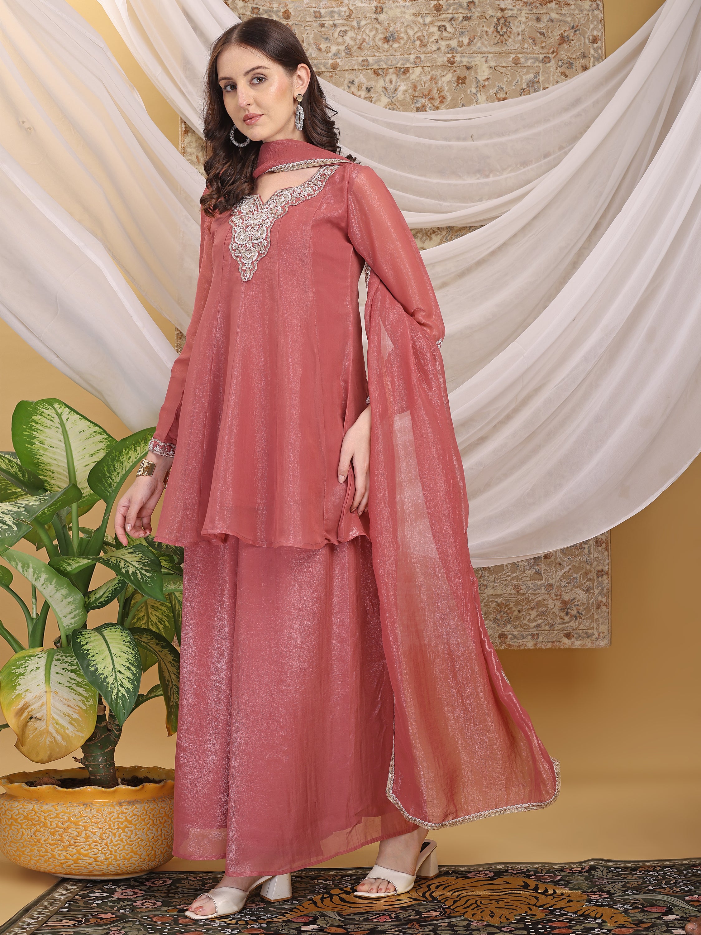 Women's Rose Pink Motiwork Patch Work A-Line Top Palazzo with Dupatta Set For Festive, Wedding & Party Wear