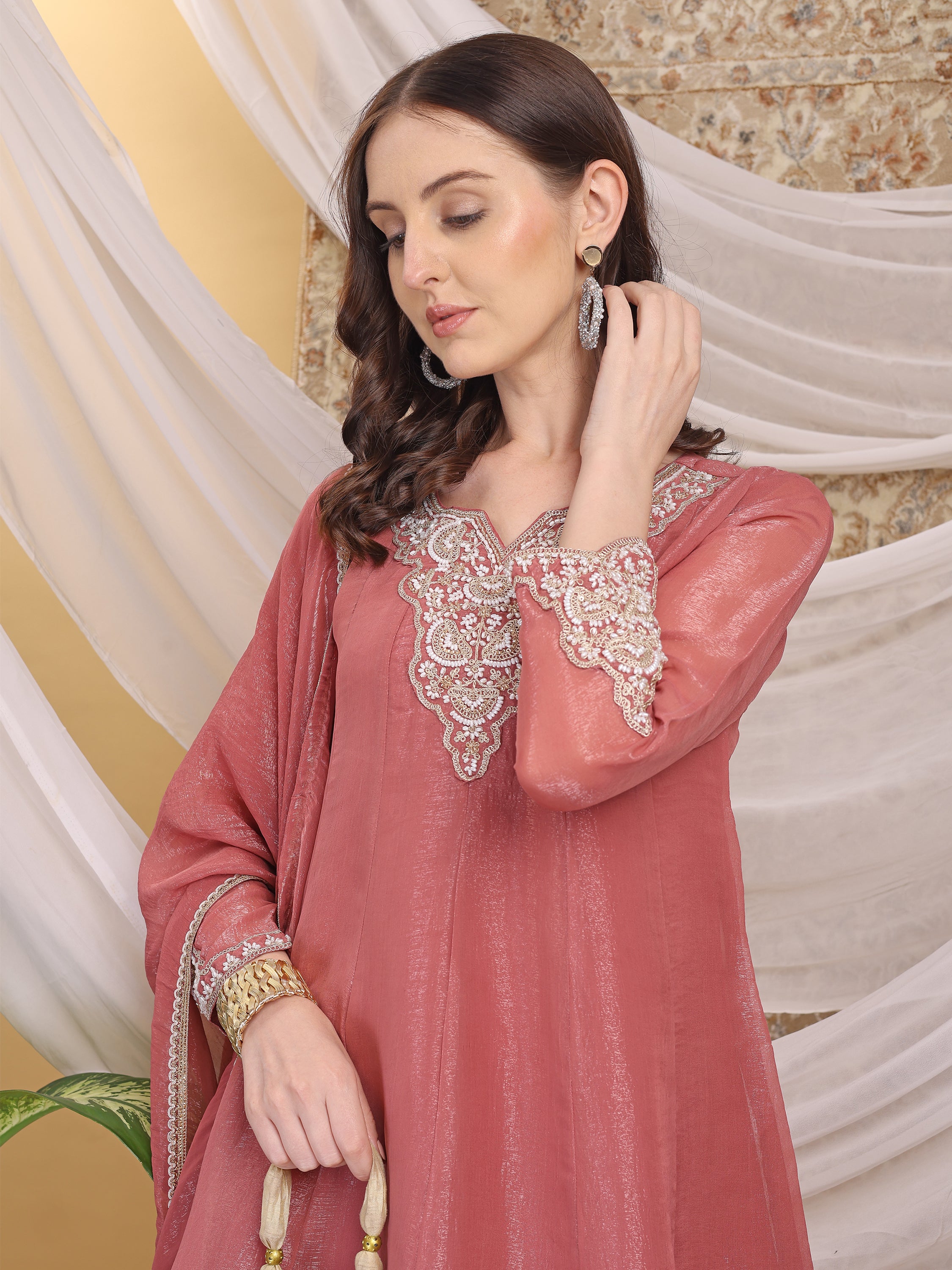 Women's Rose Pink Motiwork Patch Work A-Line Top Palazzo with Dupatta Set For Festive, Wedding & Party Wear