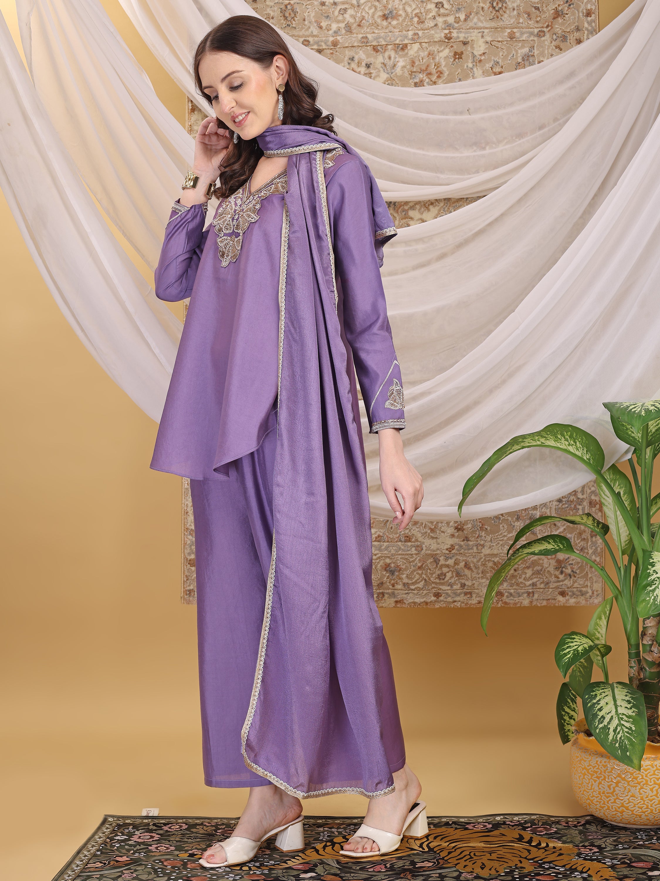 Women's Lavender Hand Work Flared Top Palazzo with Dupatta Set For Festive, Wedding & Party Wear