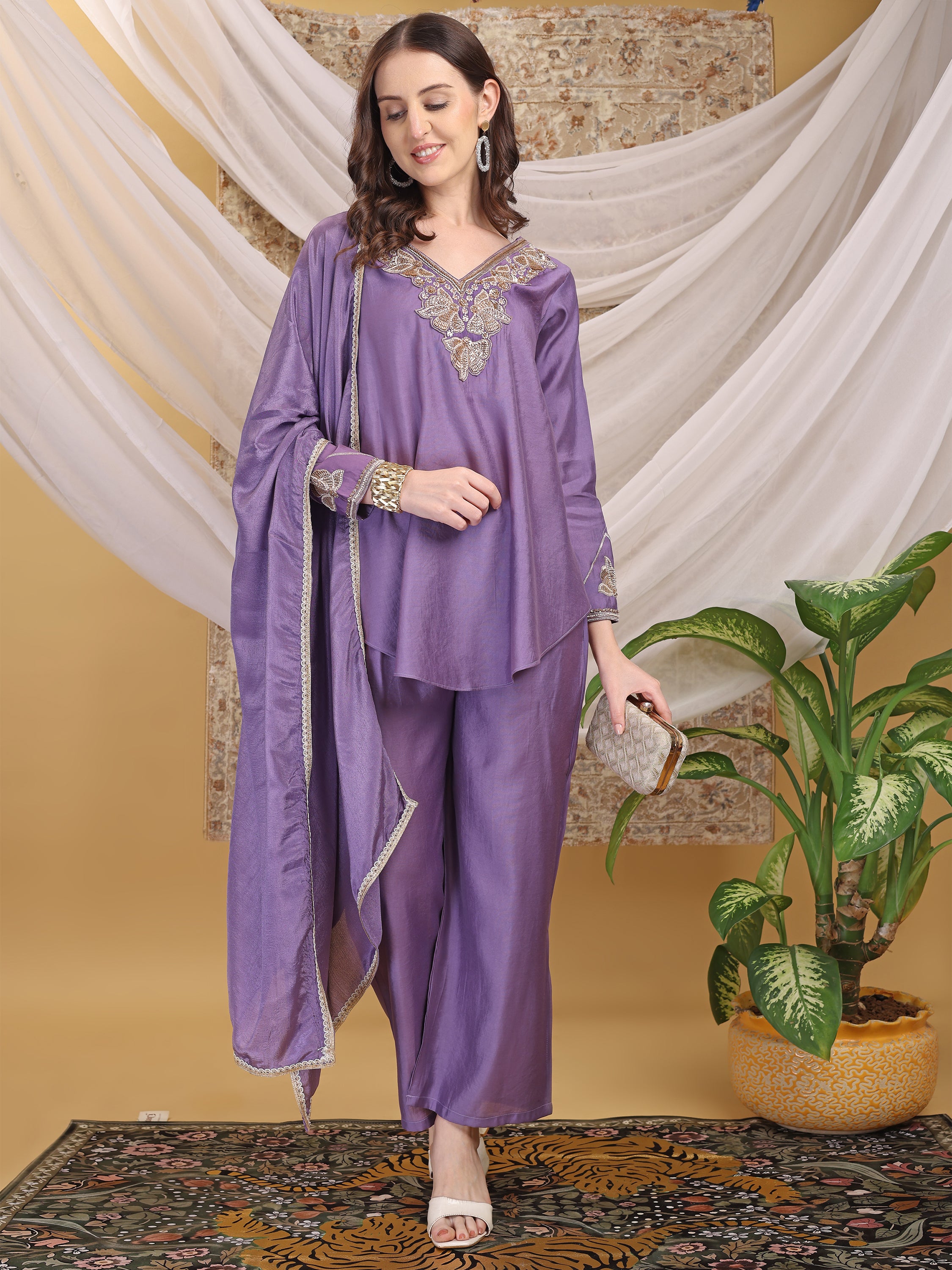 Women's Lavender Hand Work Flared Top Palazzo with Dupatta Set For Festive, Wedding & Party Wear