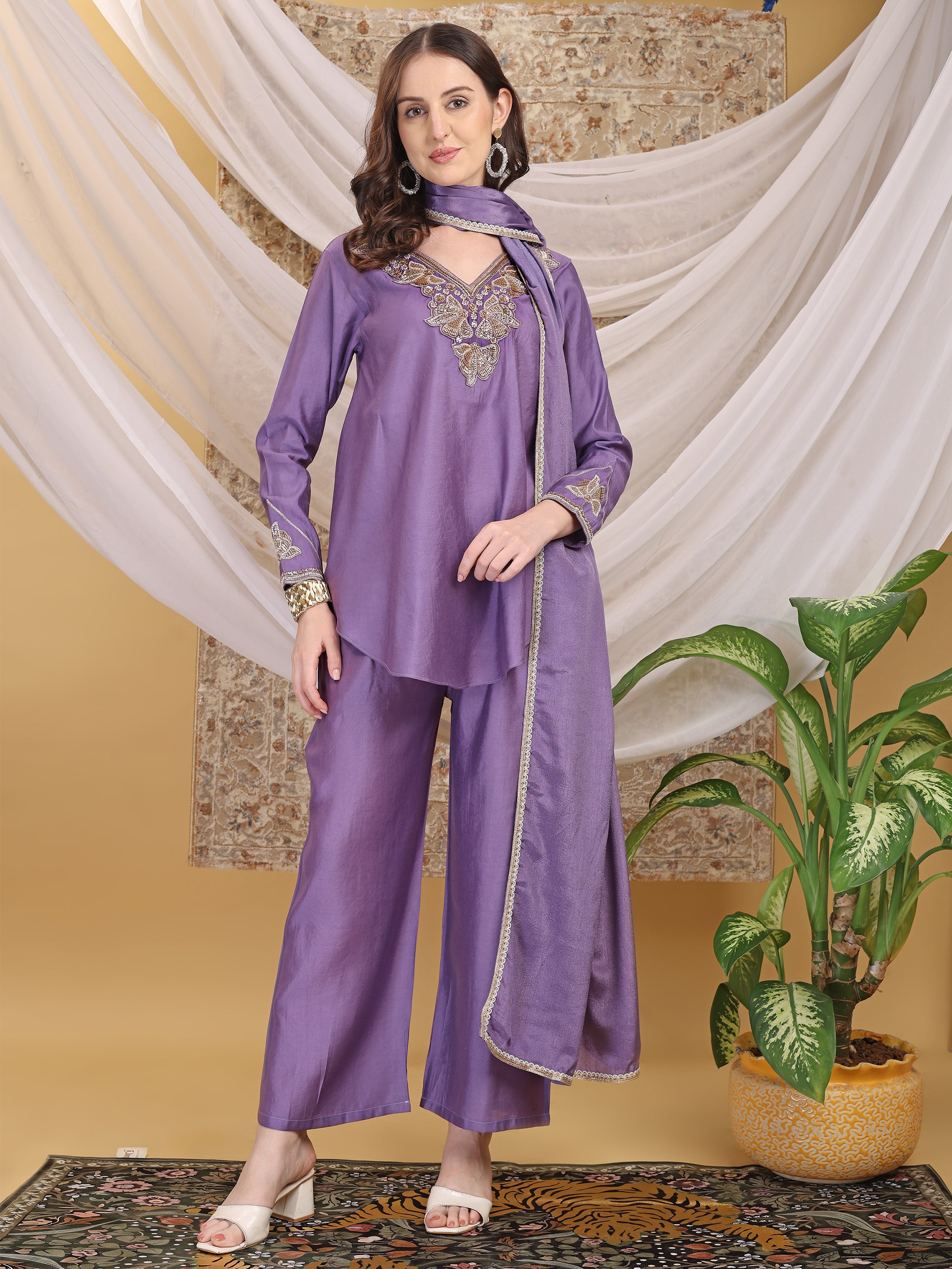 Women's Lavender Hand Work Flared Top Palazzo with Dupatta Set For Festive, Wedding & Party Wear