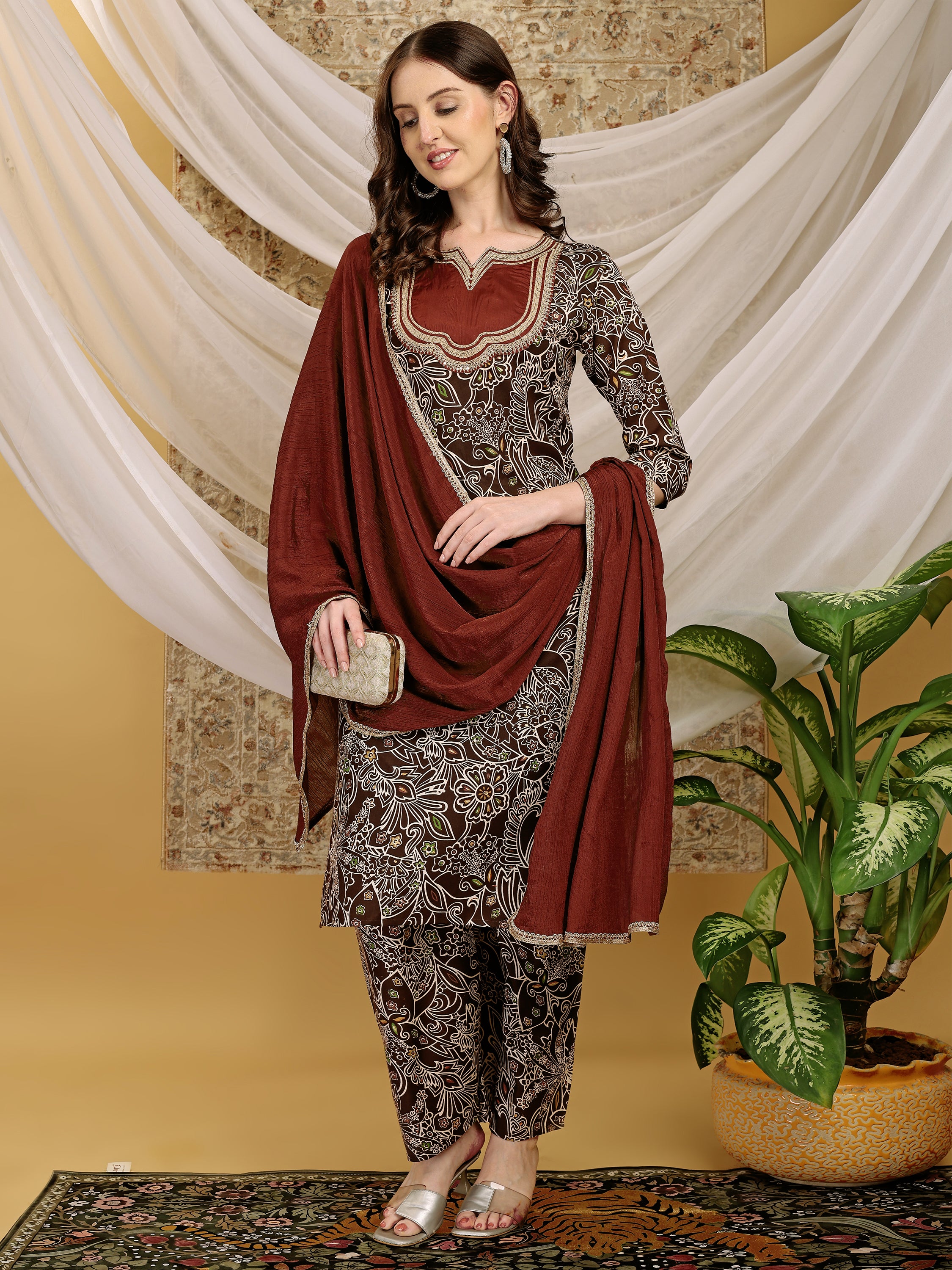 Women's Brown Noutch Neck Floral Printed Lace Yoke Pattern Straight Kurta Palazzo with Dupatta Set