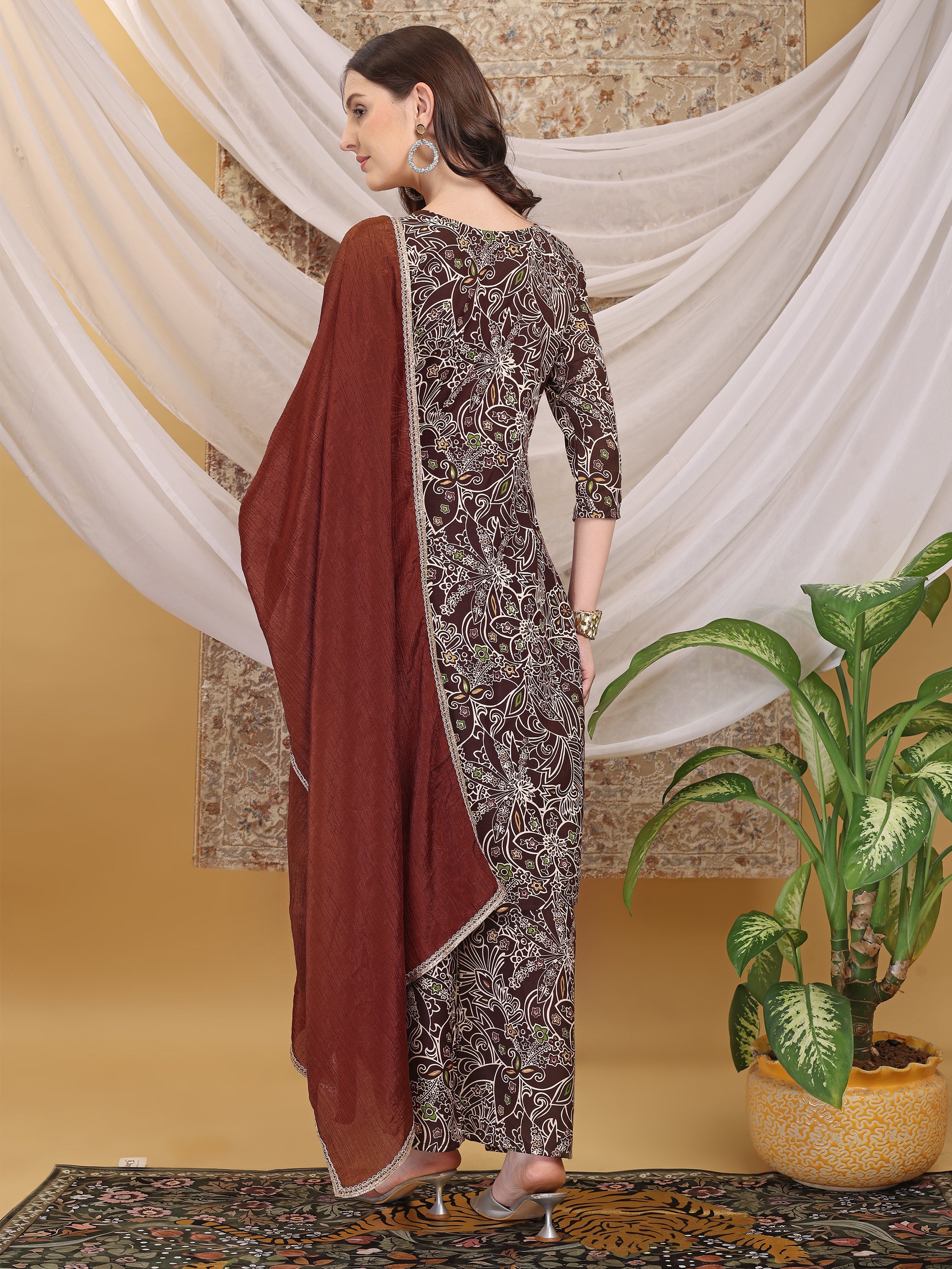 Women's Brown Noutch Neck Floral Printed Lace Yoke Pattern Straight Kurta Palazzo with Dupatta Set