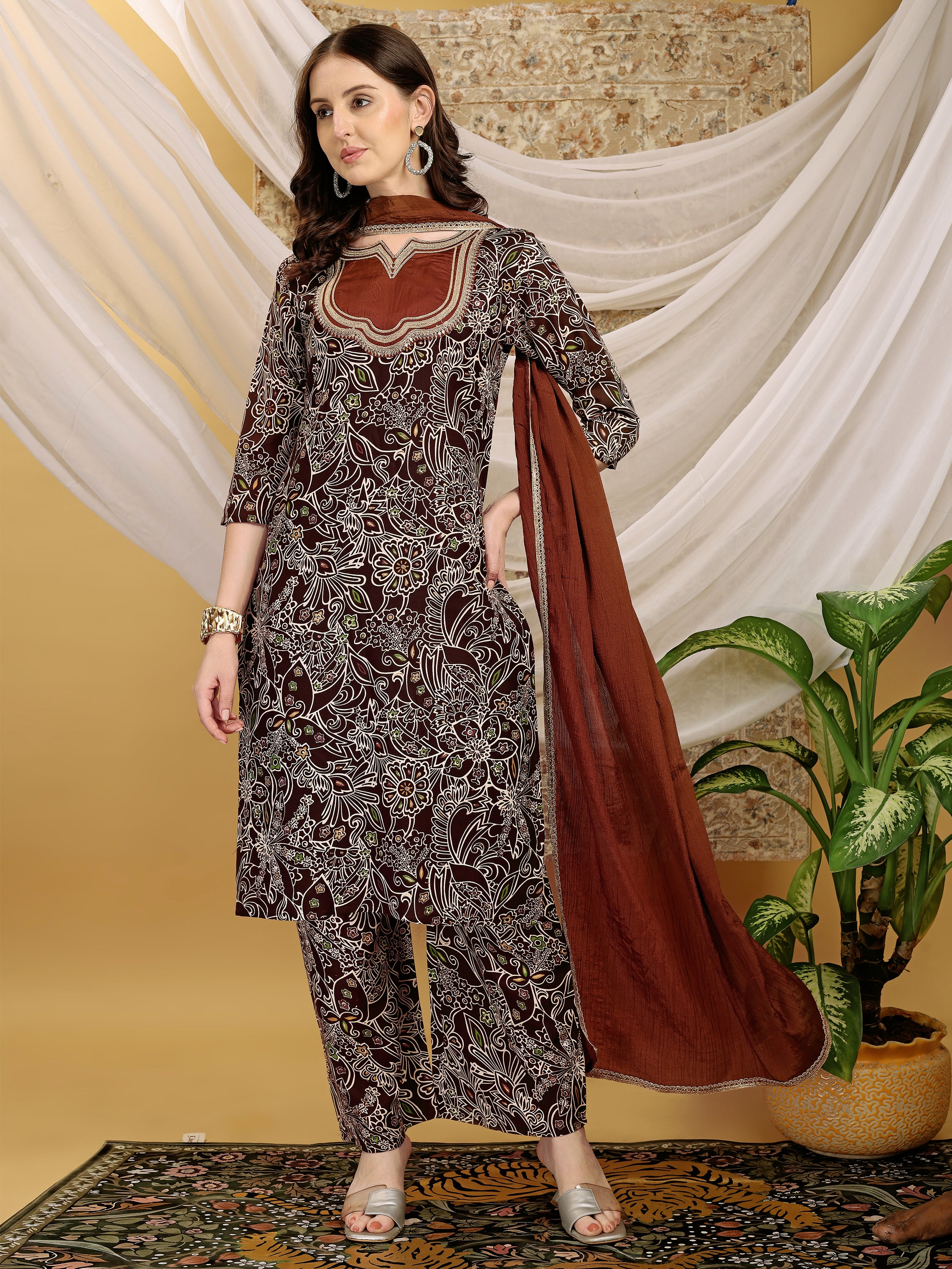 Women's Brown Noutch Neck Floral Printed Lace Yoke Pattern Straight Kurta Palazzo with Dupatta Set