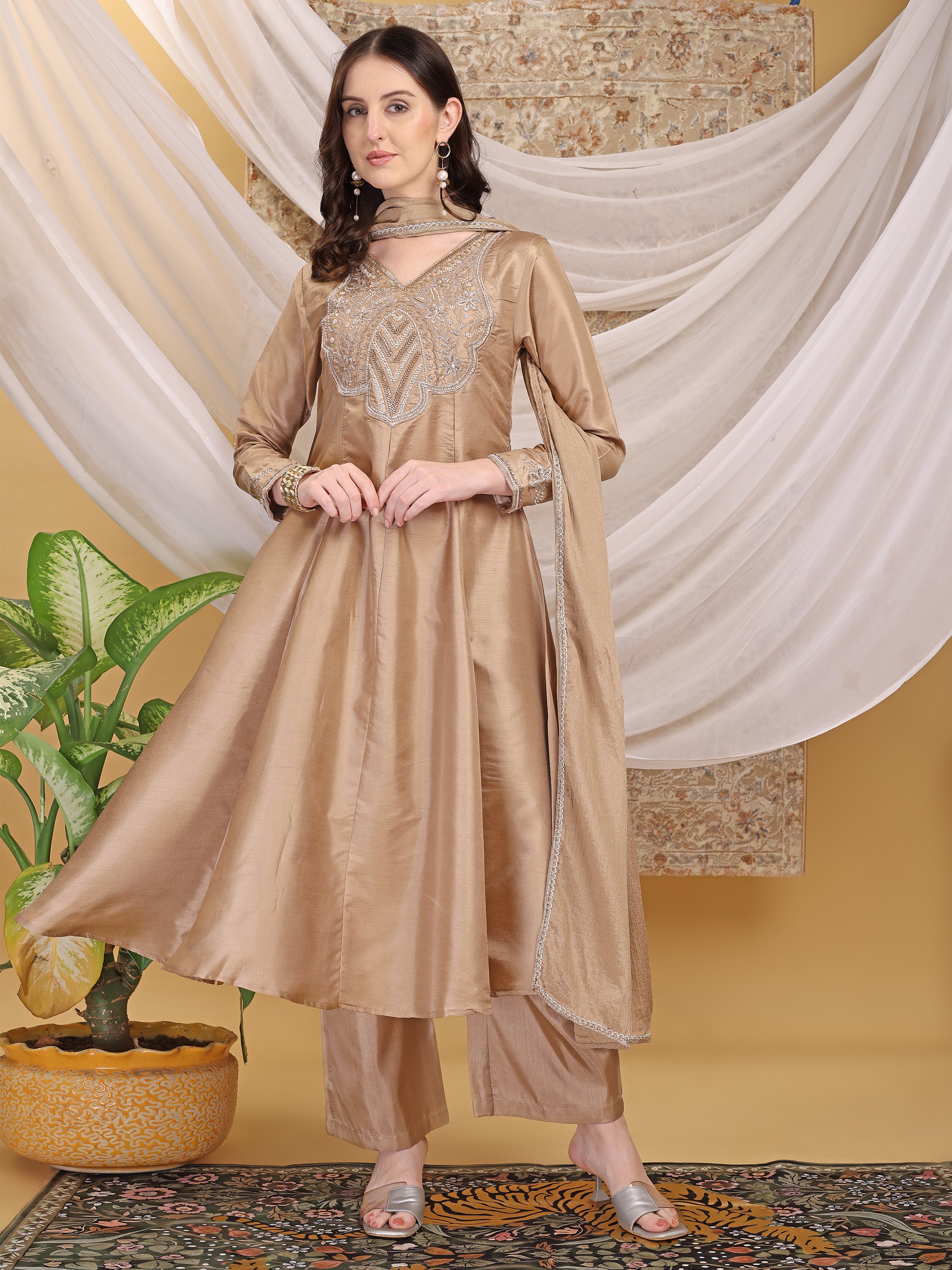 Women's Beige V-Neck Emblished Anarkali Kurta Pant with Dupatta Set For Festive, Wedding & Party Wear