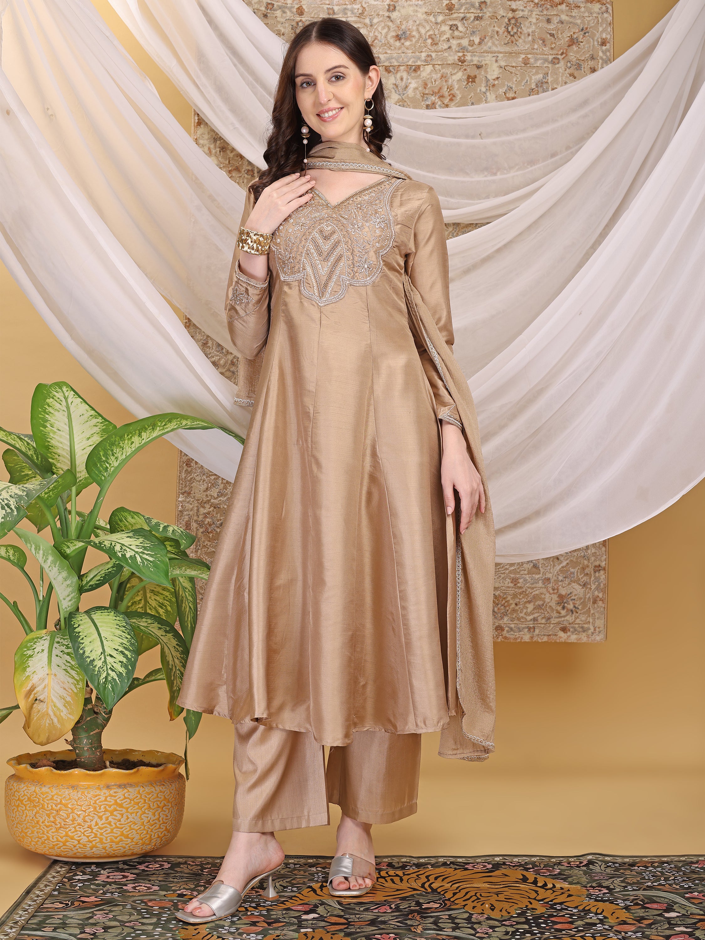 Women's Beige V-Neck Emblished Anarkali Kurta Pant with Dupatta Set For Festive, Wedding & Party Wear