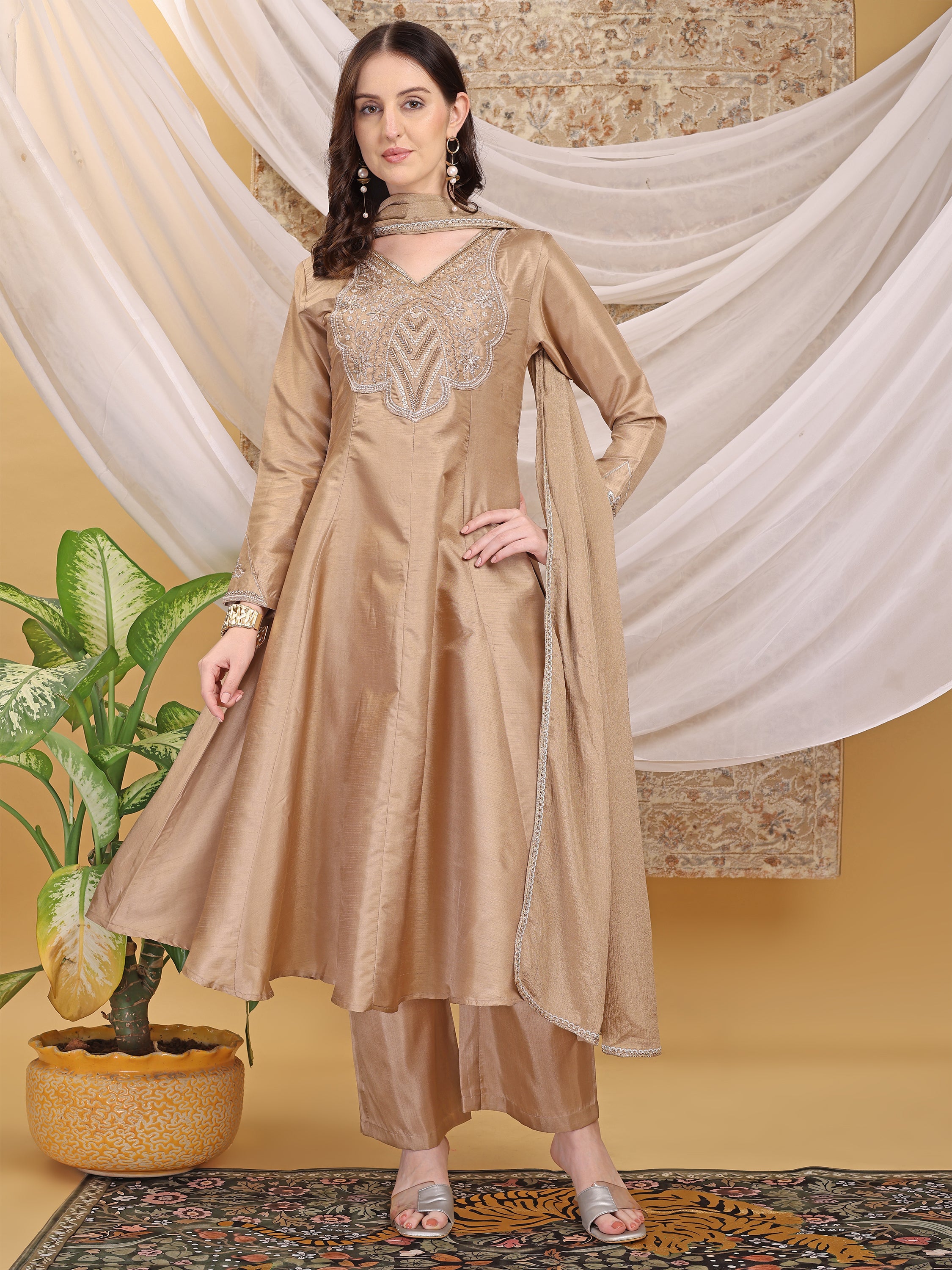 Women's Beige V-Neck Emblished Anarkali Kurta Pant with Dupatta Set For Festive, Wedding & Party Wear