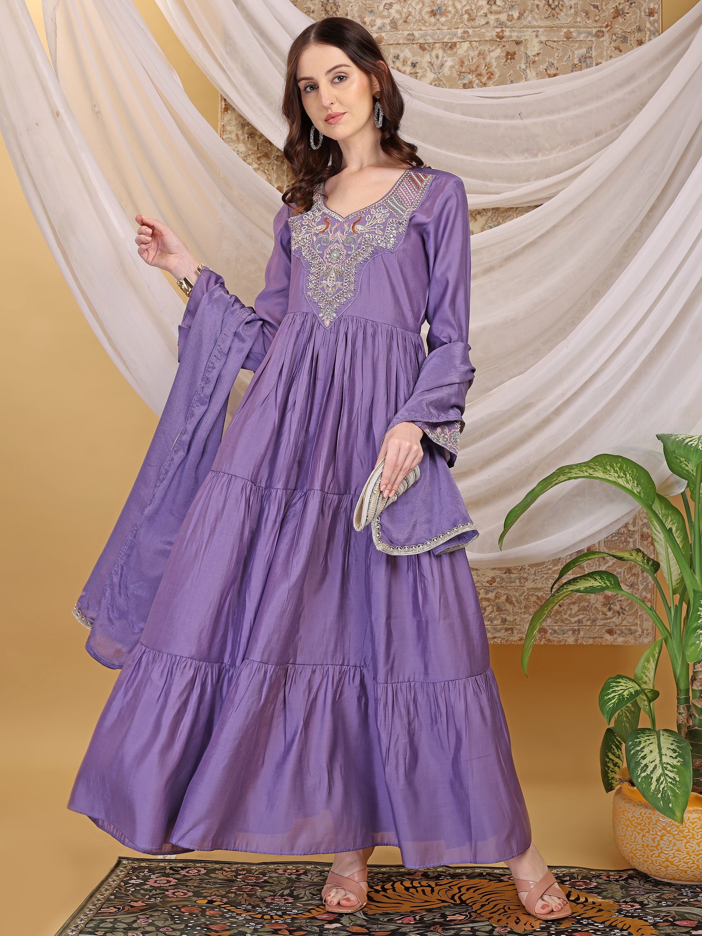 Women's Lavender Hand Work Tiered Anarkali Dress with Dupatta Flared Ethnic Gown for Festive, Wedding & Party Wear