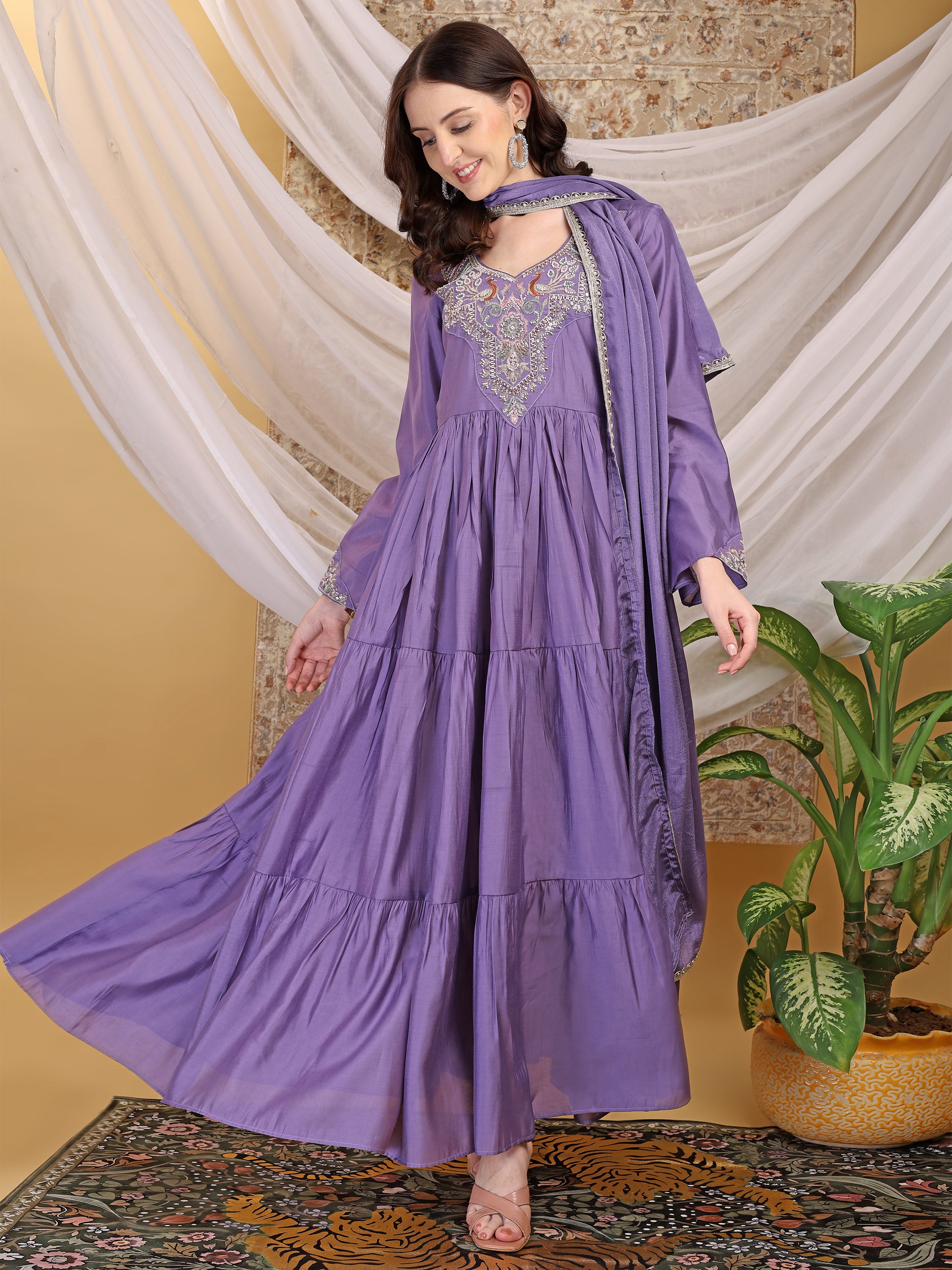 Women's Lavender Hand Work Tiered Anarkali Dress with Dupatta Flared Ethnic Gown for Festive, Wedding & Party Wear