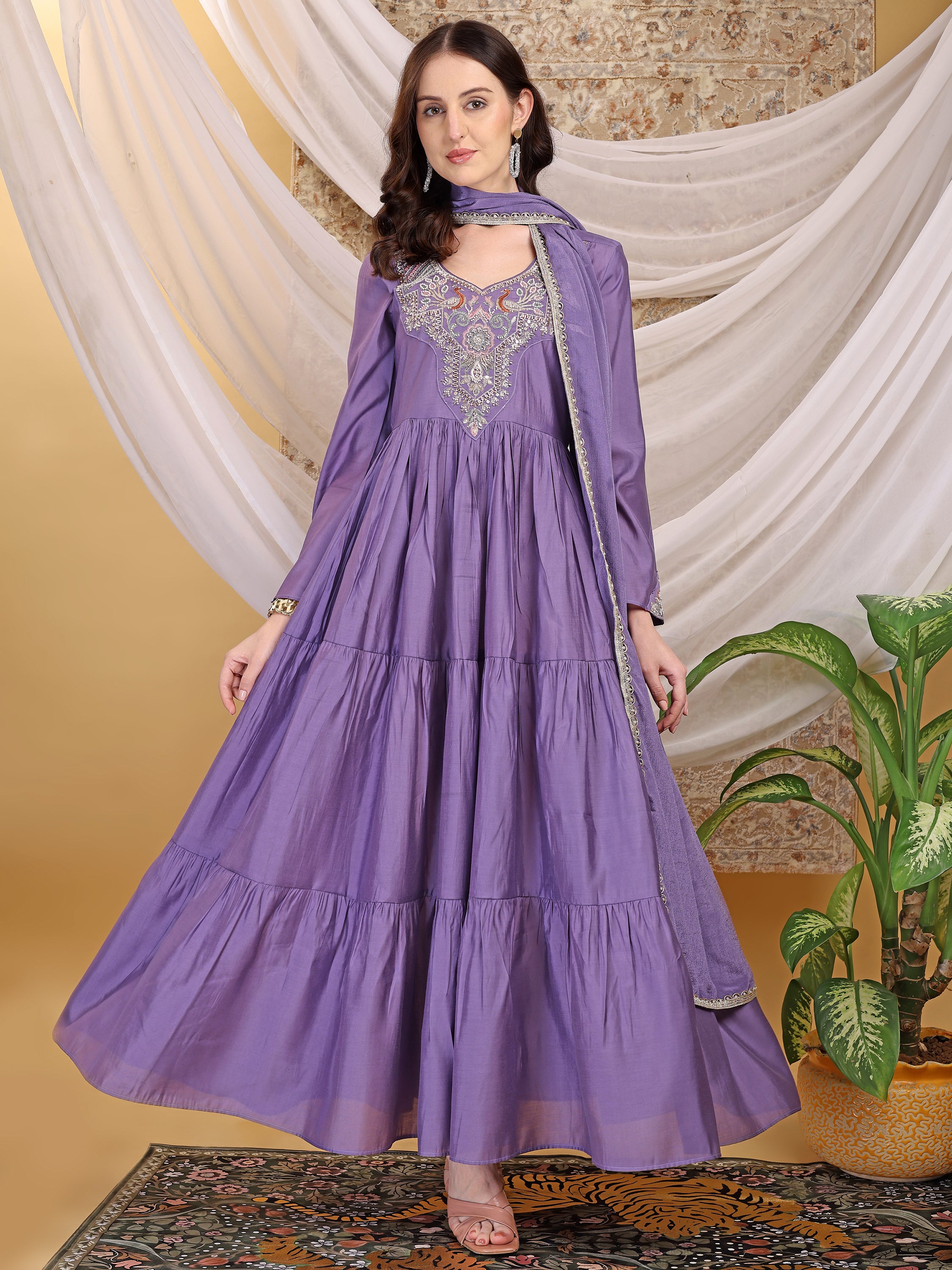 Women's Lavender Hand Work Tiered Anarkali Dress with Dupatta Flared Ethnic Gown for Festive, Wedding & Party Wear