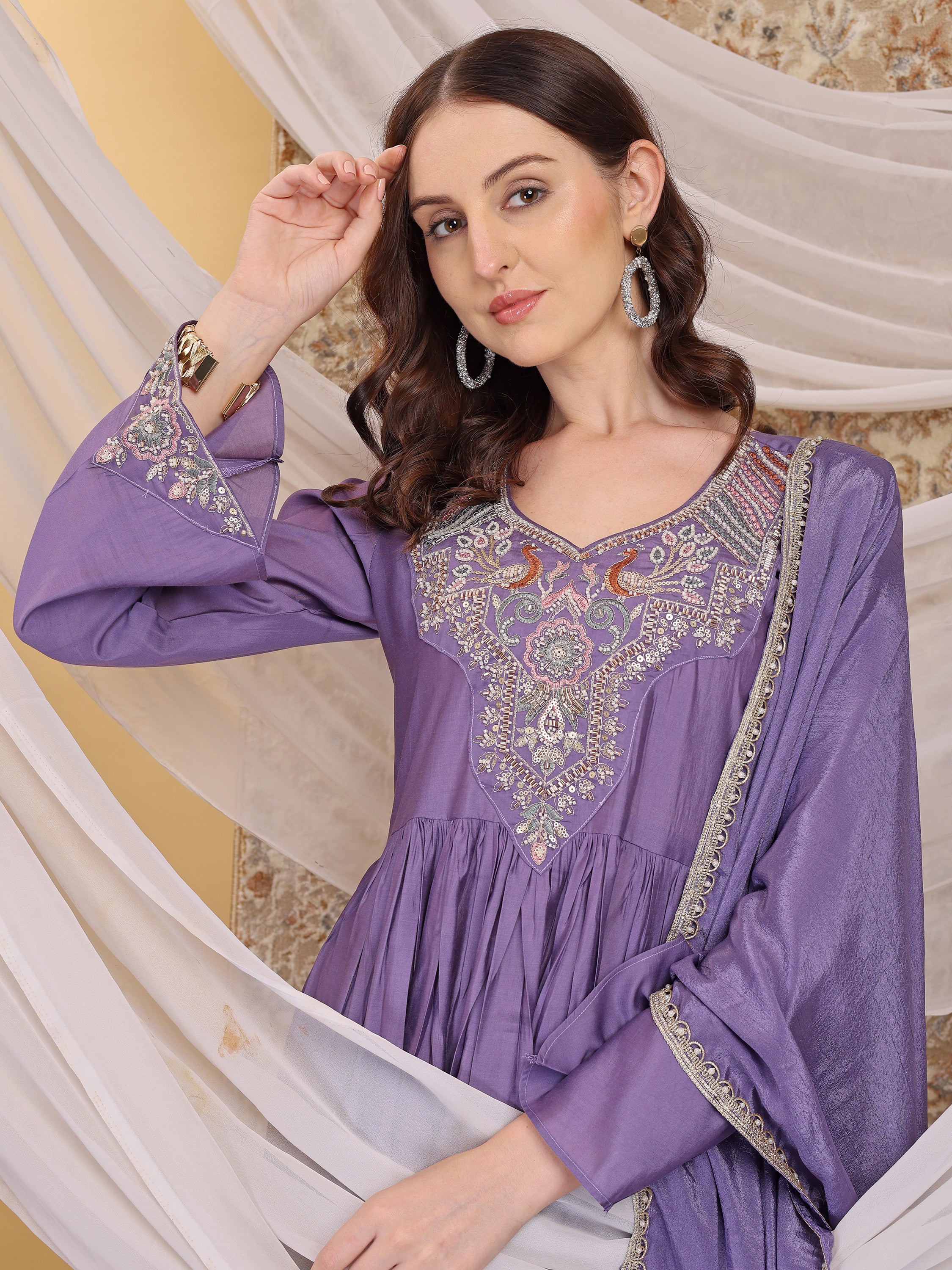 Women's Lavender Hand Work Tiered Anarkali Dress with Dupatta Flared Ethnic Gown for Festive, Wedding & Party Wear