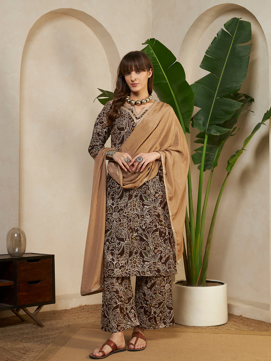 Women’s Brown Floral Printed Kurta Pant Set with With Beige Dupatta