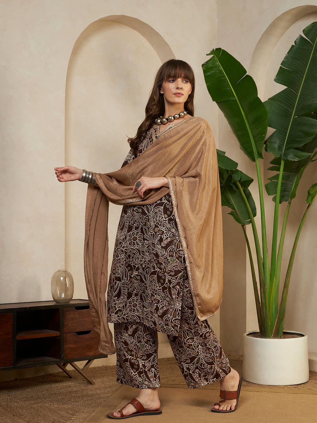 Women’s Brown Floral Printed Kurta Pant Set with With Beige Dupatta