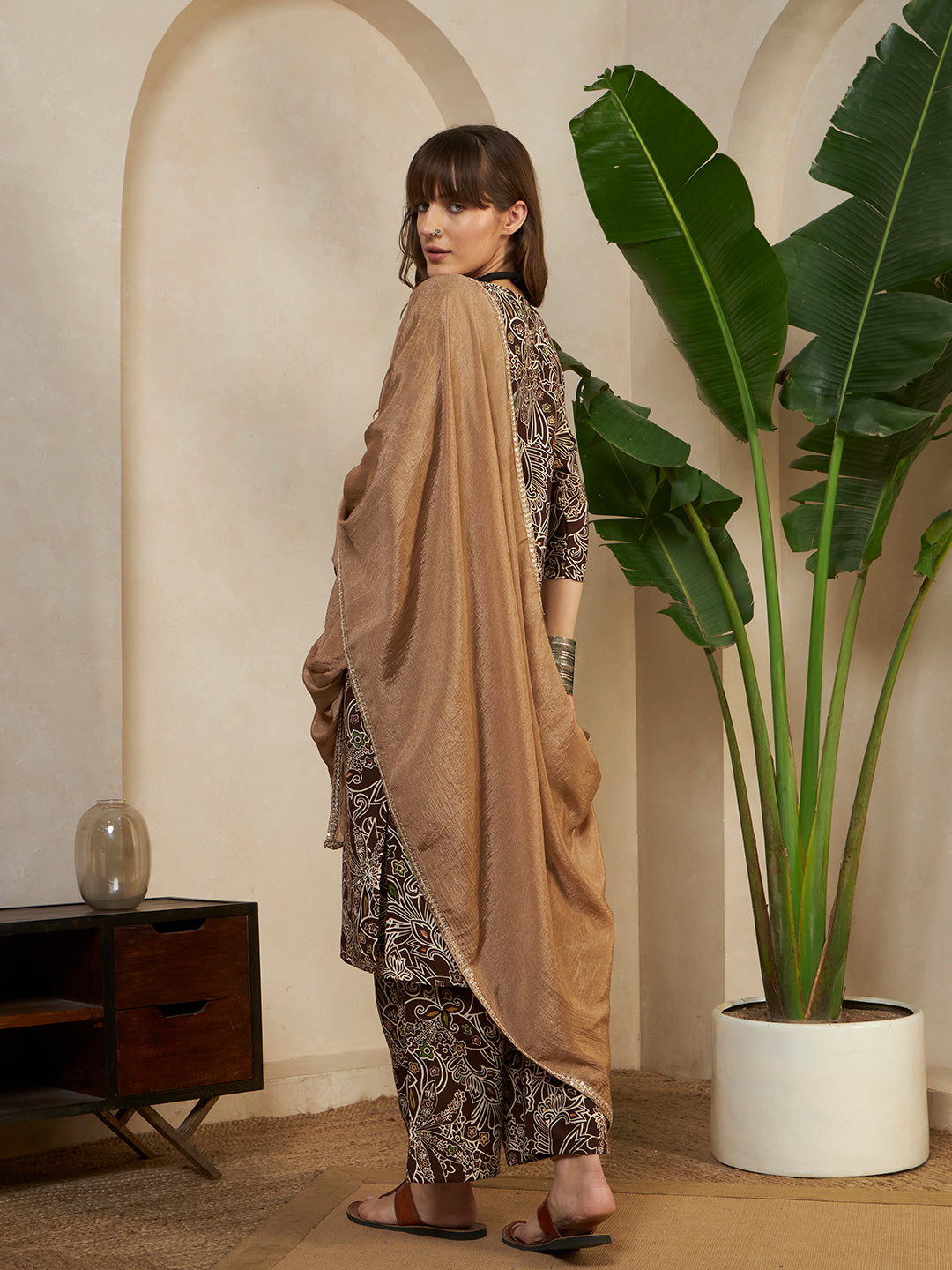 Women’s Brown Floral Printed Kurta Pant Set with With Beige Dupatta