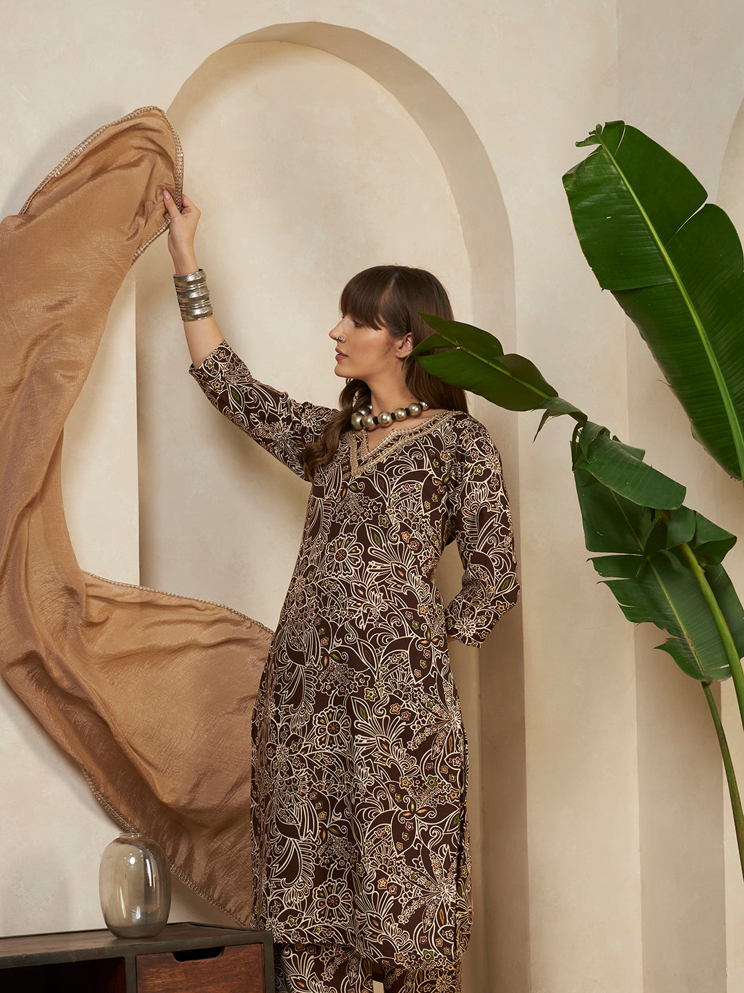 Women’s Brown Floral Printed Kurta Pant Set with With Beige Dupatta