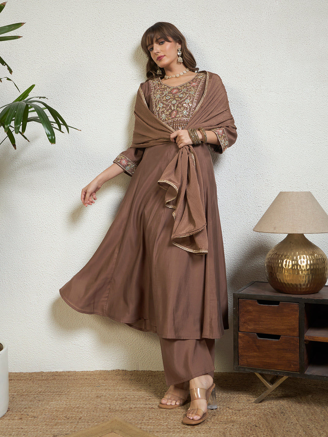 Women Brown Embellished Anarkali Kurta Set with Tassel Detailing, Pant & Dupatta