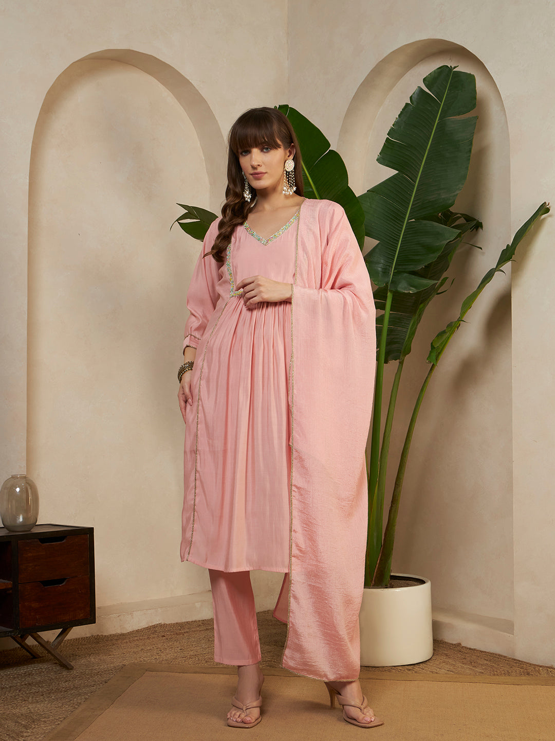 Women’s Pink Embellished V-Neck Kurta Pant Set with Dupatta