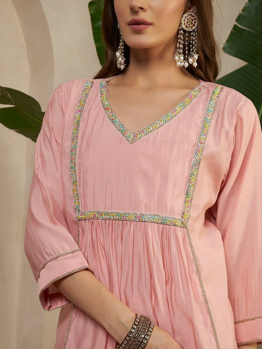 Women’s Pink Embellished V-Neck Kurta Pant Set with Dupatta
