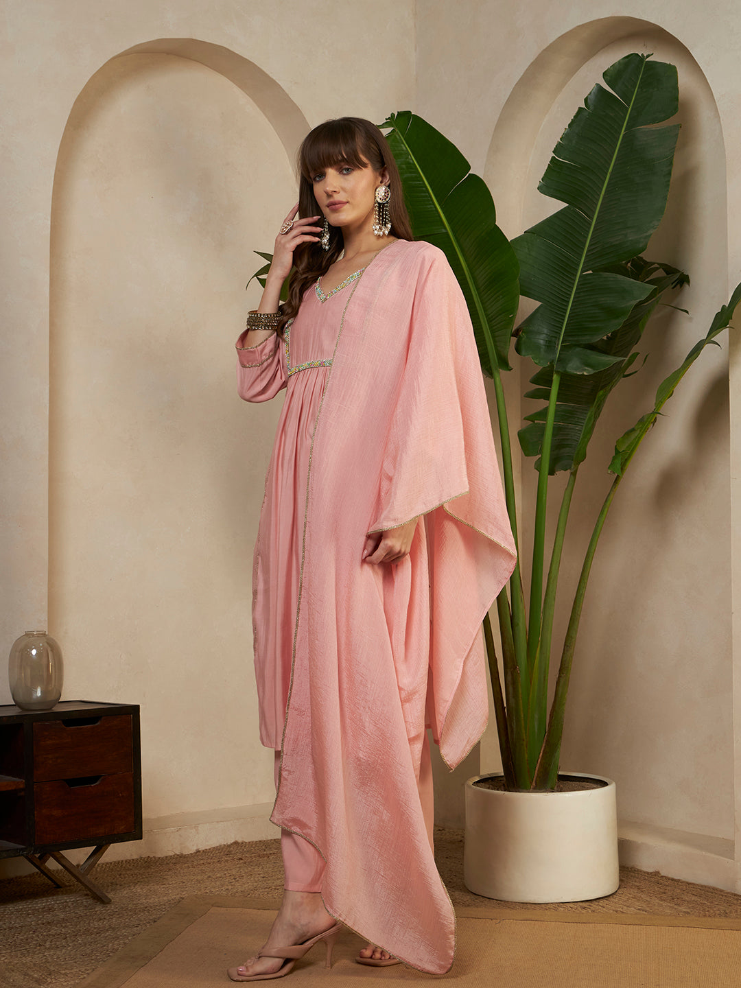 Women’s Pink Embellished V-Neck Kurta Pant Set with Dupatta