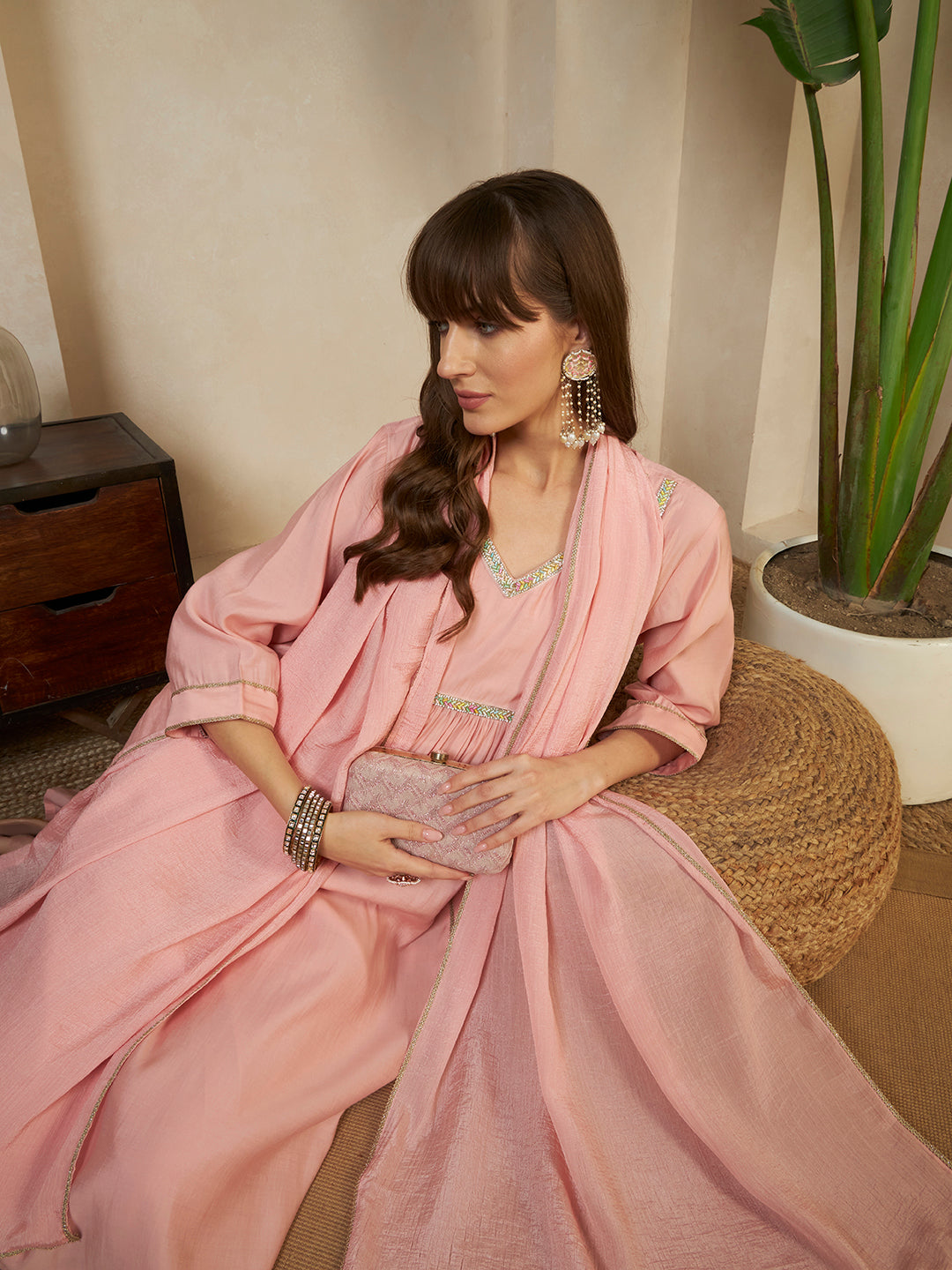 Women’s Pink Embellished V-Neck Kurta Pant Set with Dupatta