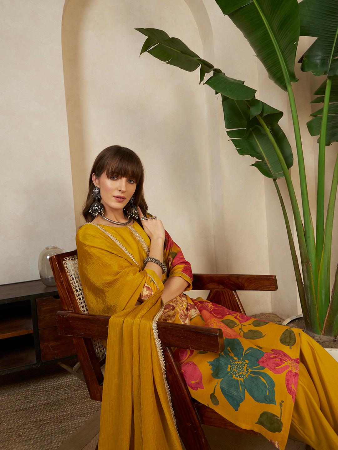 Women’s Mustard Yellow Floral Printed Kurta Pant Set with Dupatta