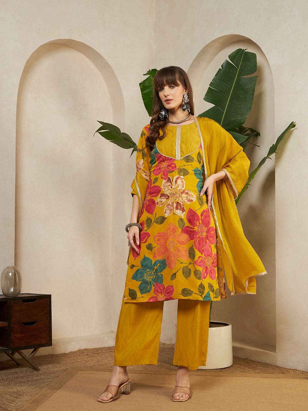 Women’s Mustard Yellow Floral Printed Kurta Pant Set with Dupatta