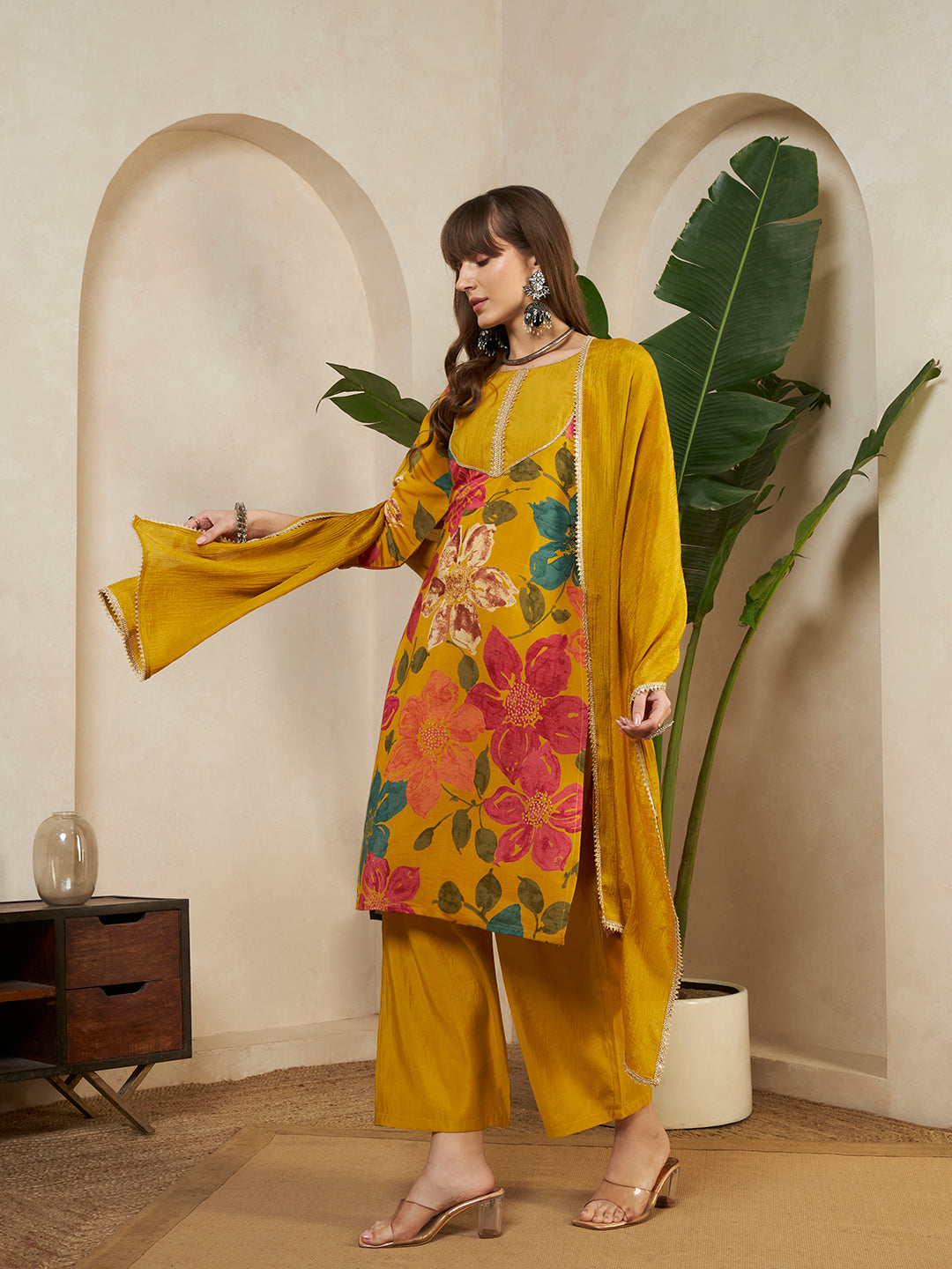 Women’s Mustard Yellow Floral Printed Kurta Pant Set with Dupatta