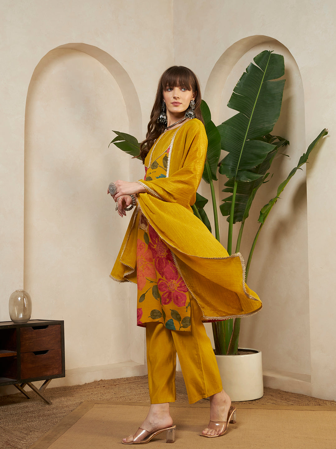 Women’s Mustard Yellow Floral Printed Kurta Pant Set with Dupatta
