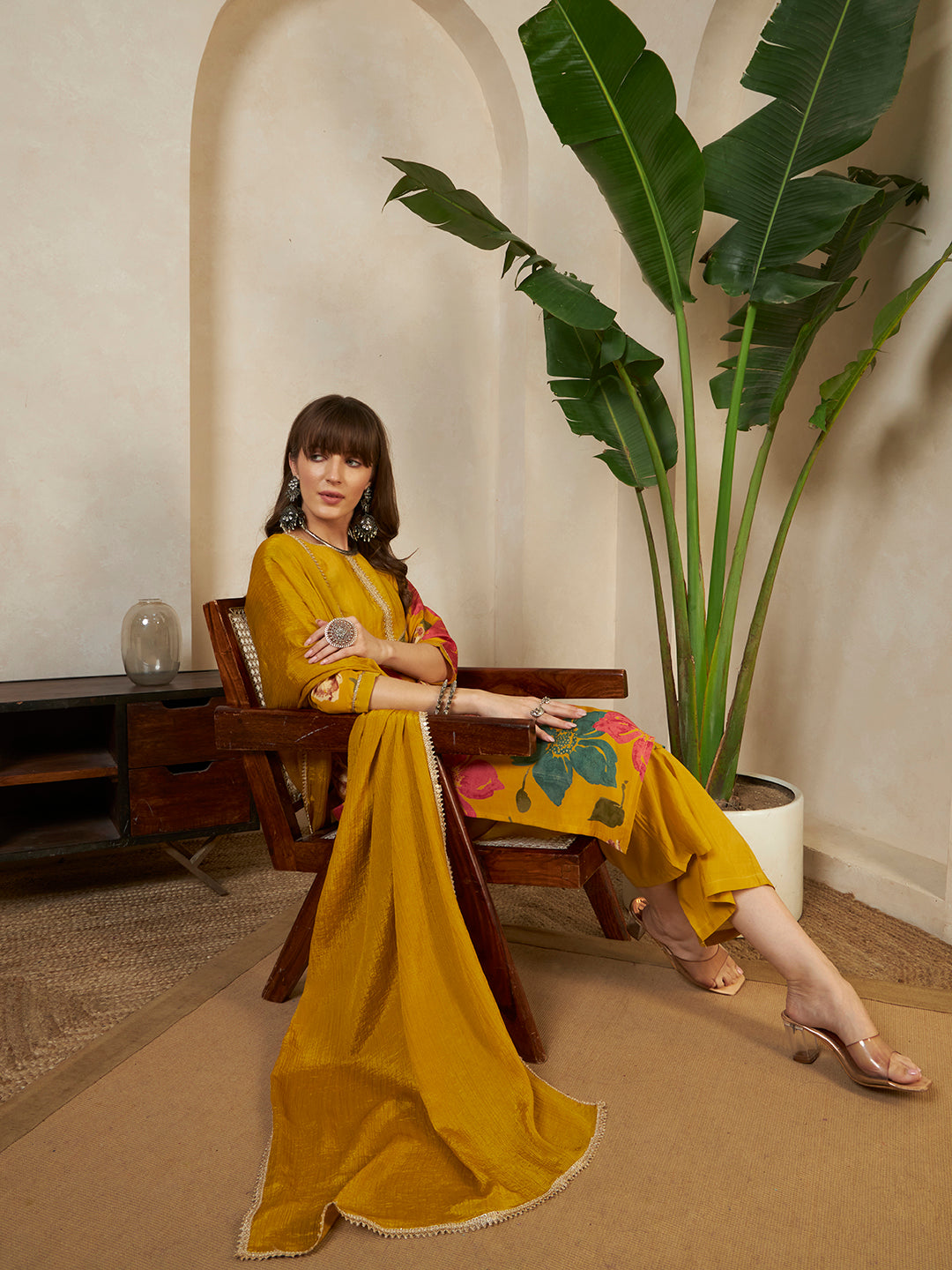 Women’s Mustard Yellow Floral Printed Kurta Pant Set with Dupatta