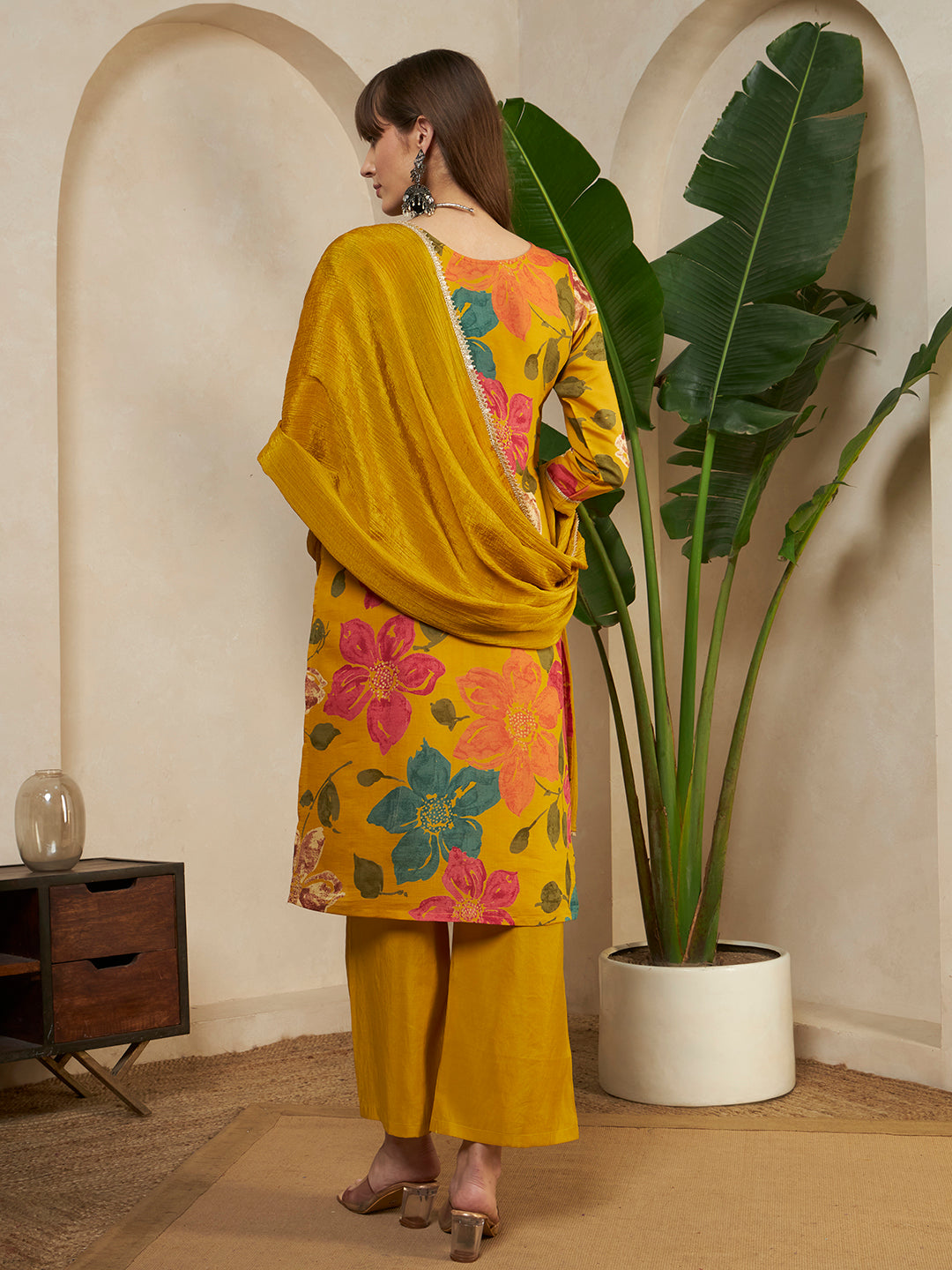 Women’s Mustard Yellow Floral Printed Kurta Pant Set with Dupatta